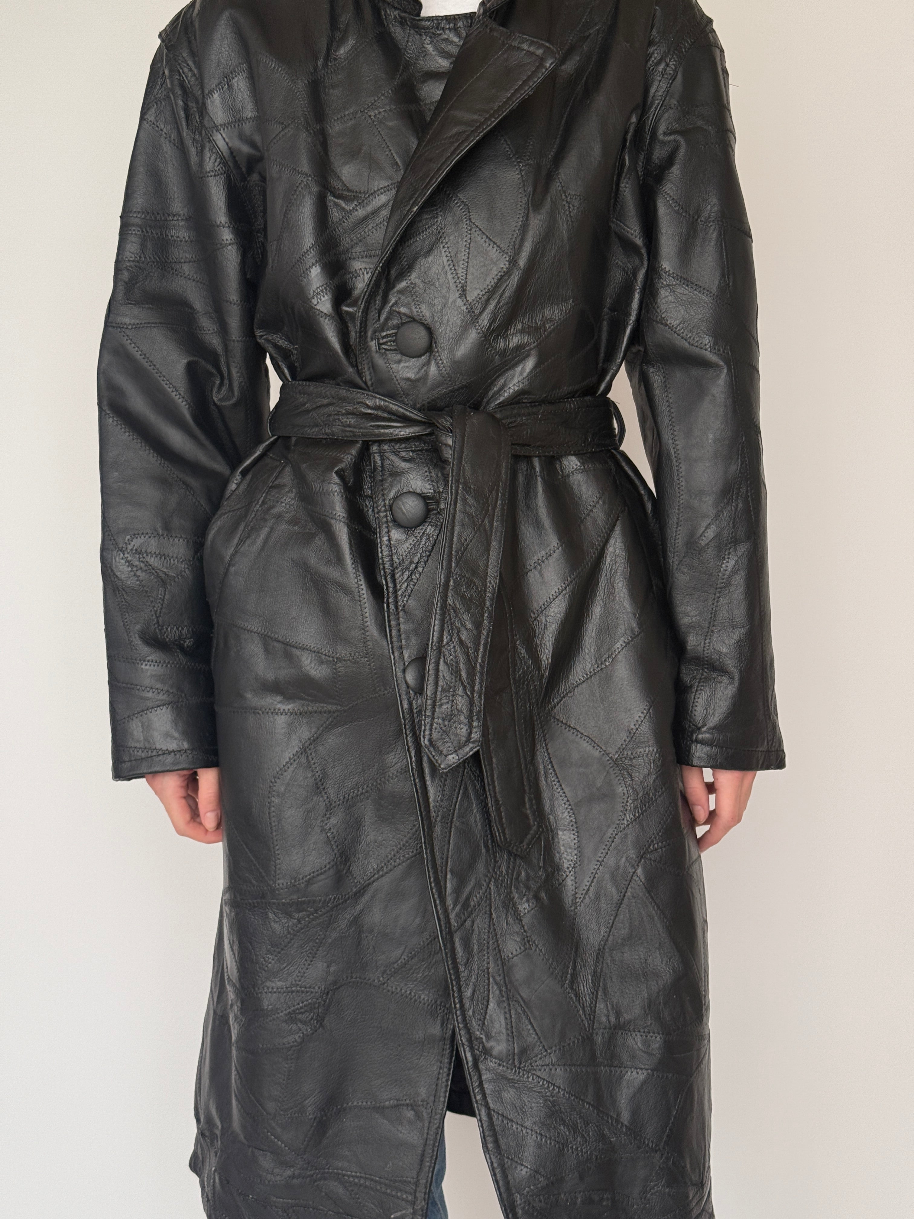 Vintage black leather trench coat front view