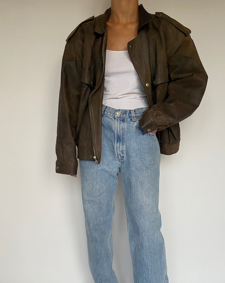 VINTAGE OVERSIZED BOXY BROWN LEATHER JACKET 2885
