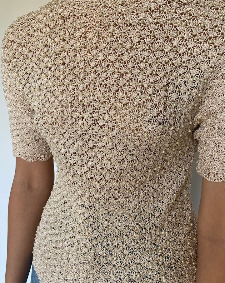 VINTAGE BEIGE BEADED CROCHET TOP 3403