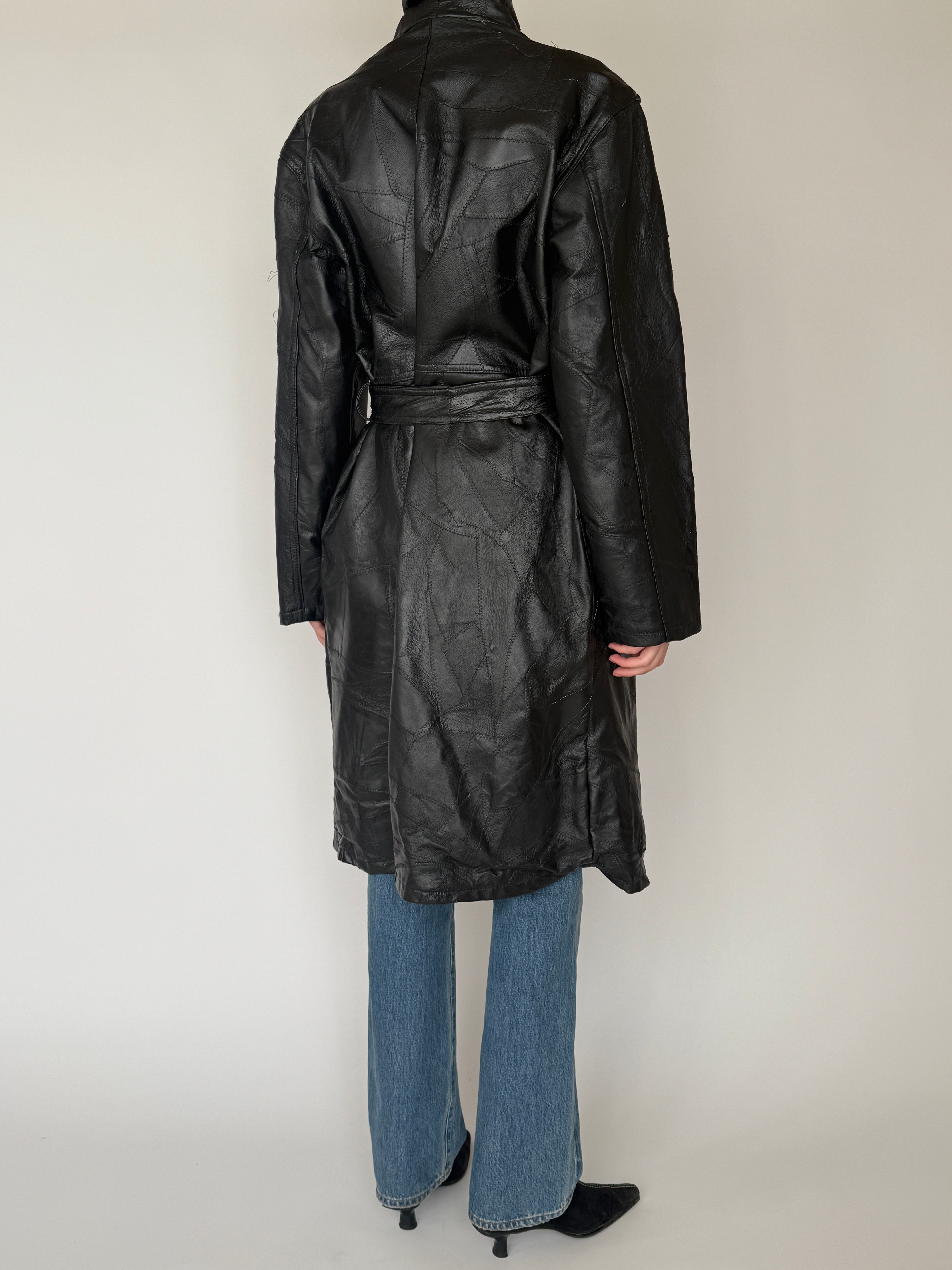 Vintage black leather trench coat back view