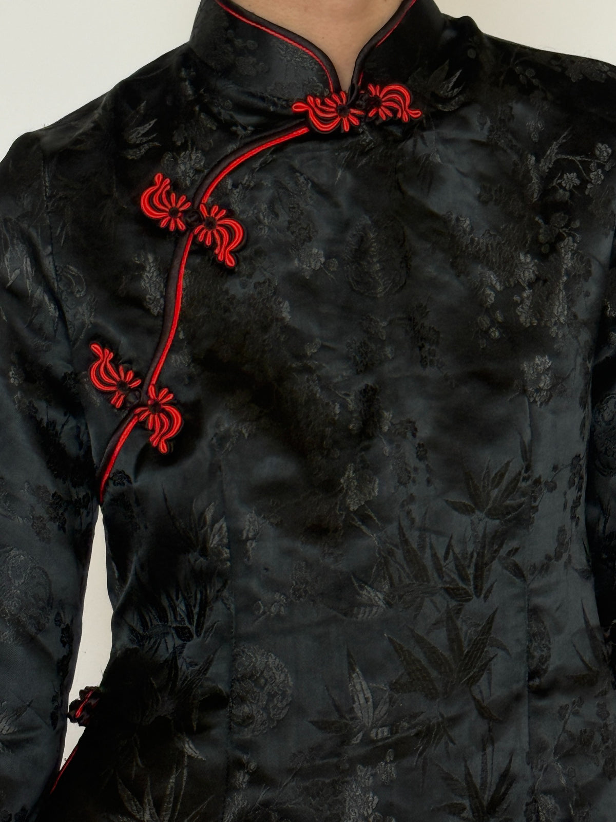 Vintage Chinese brocade qipao top floral jacquard close-up black and red