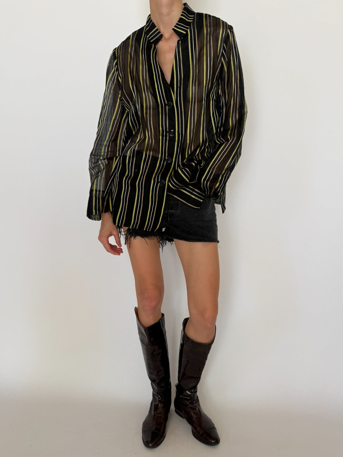 Collar detail of vintage black brown green striped cotton silk shirt