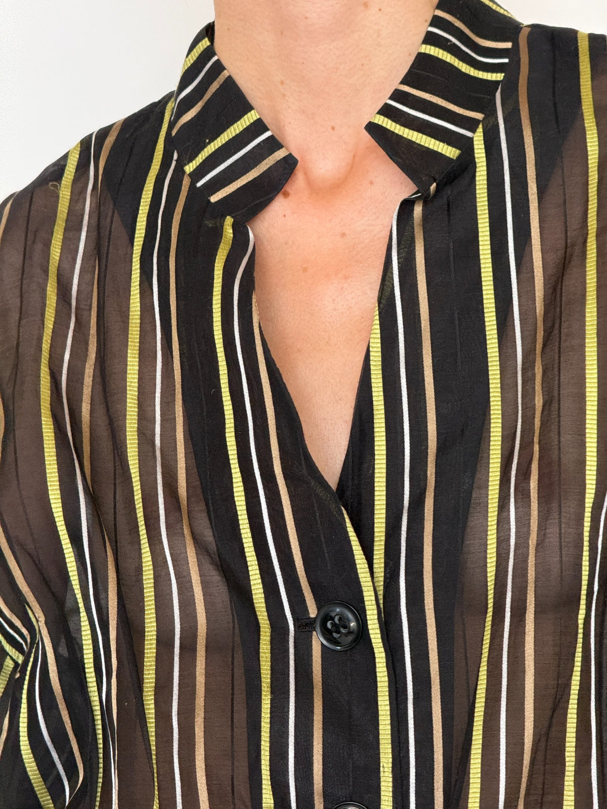 Front detail of vintage black brown green striped cotton silk shirt