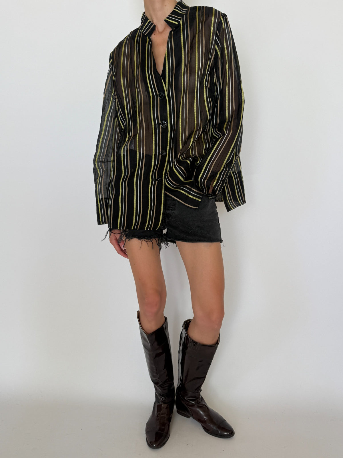 Full front view of vintage black brown green striped cotton silk shirt