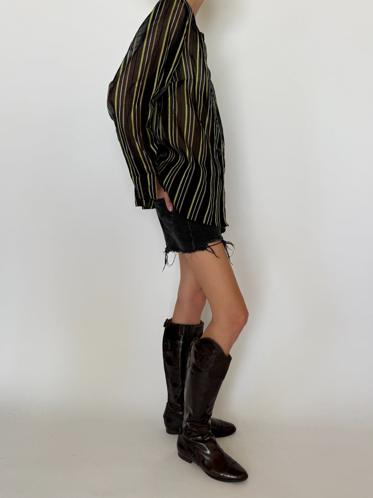 Side view of vintage black brown green striped cotton silk shirt