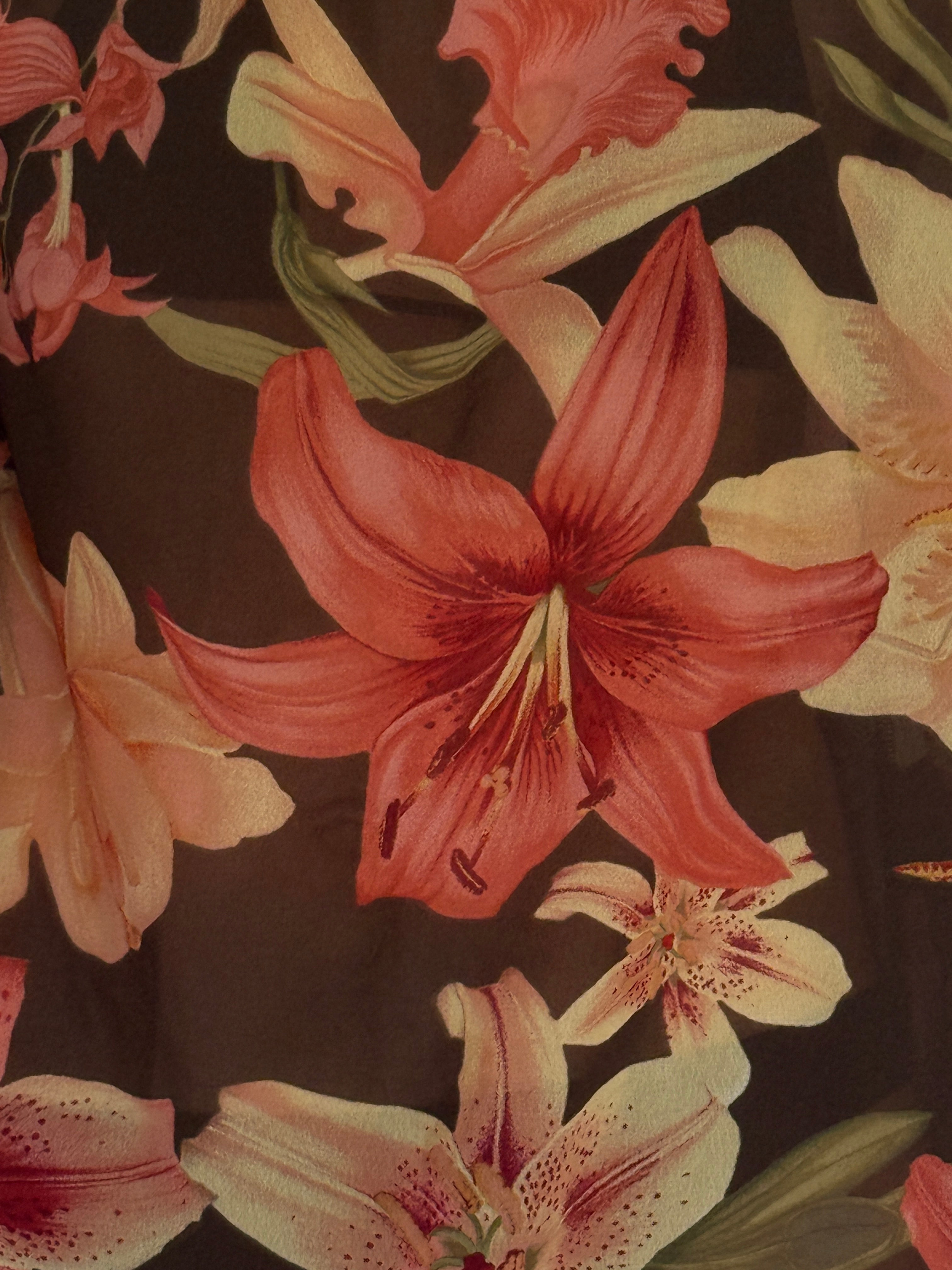 Vintage sheer black lily print mini dress fabric close-up