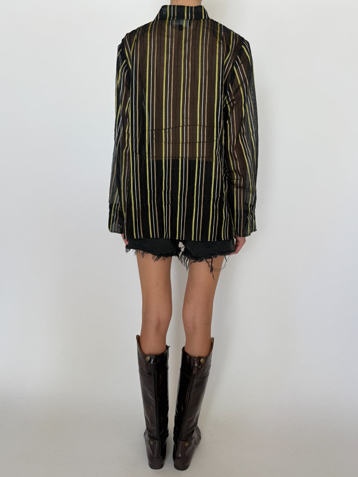 Back full view of vintage black brown green striped cotton silk shirt