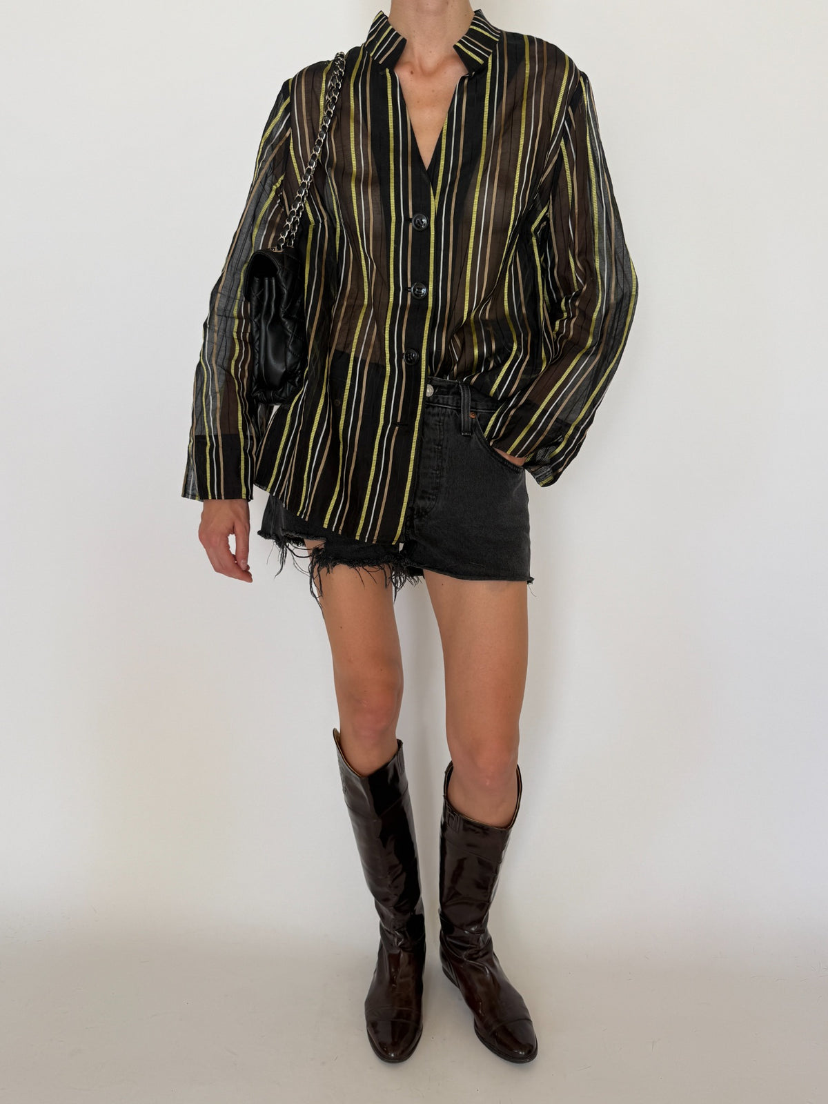 Front styled view of vintage black brown green striped cotton silk shirt