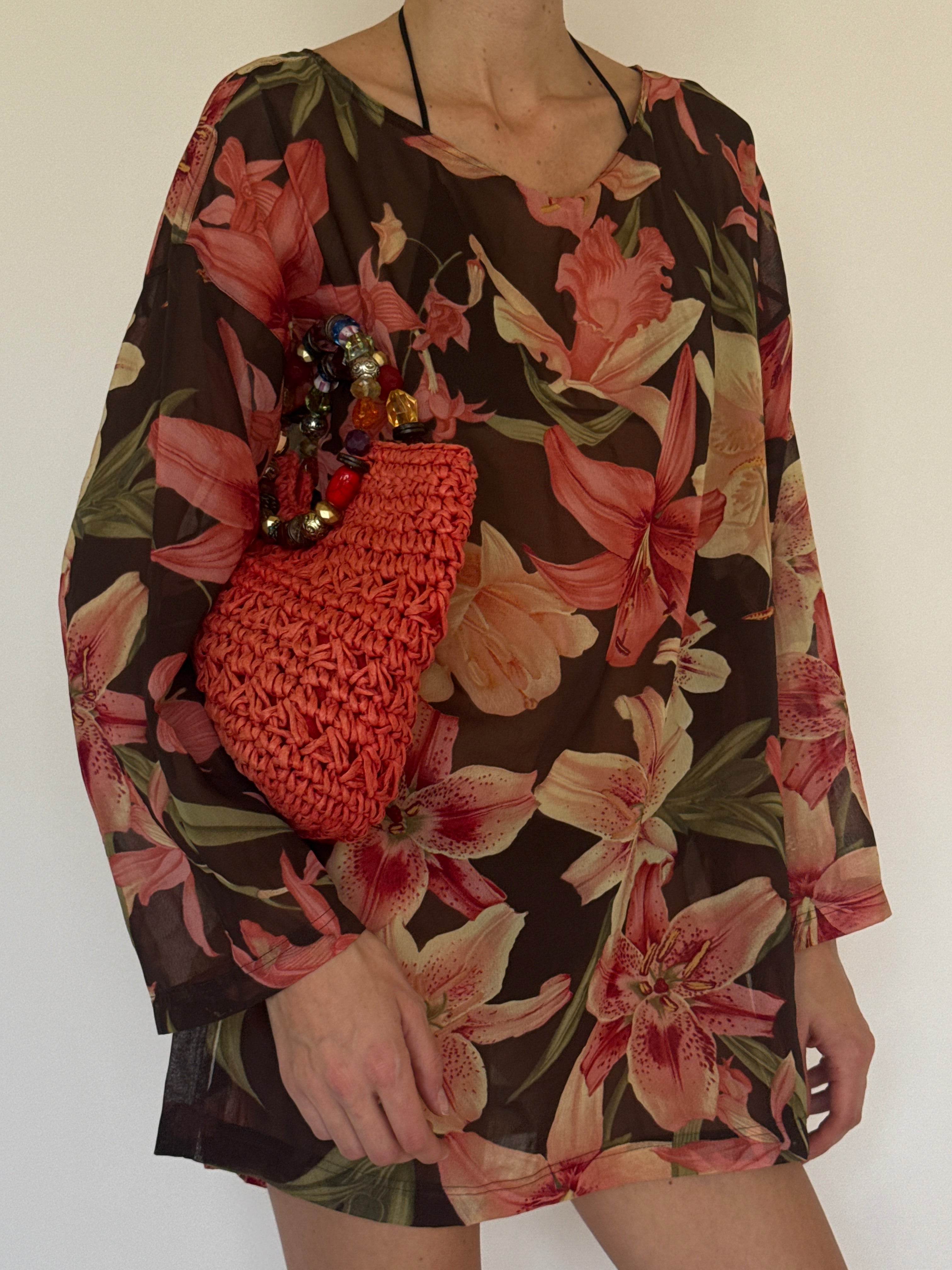 Vintage sheer black lily print mini dress side view