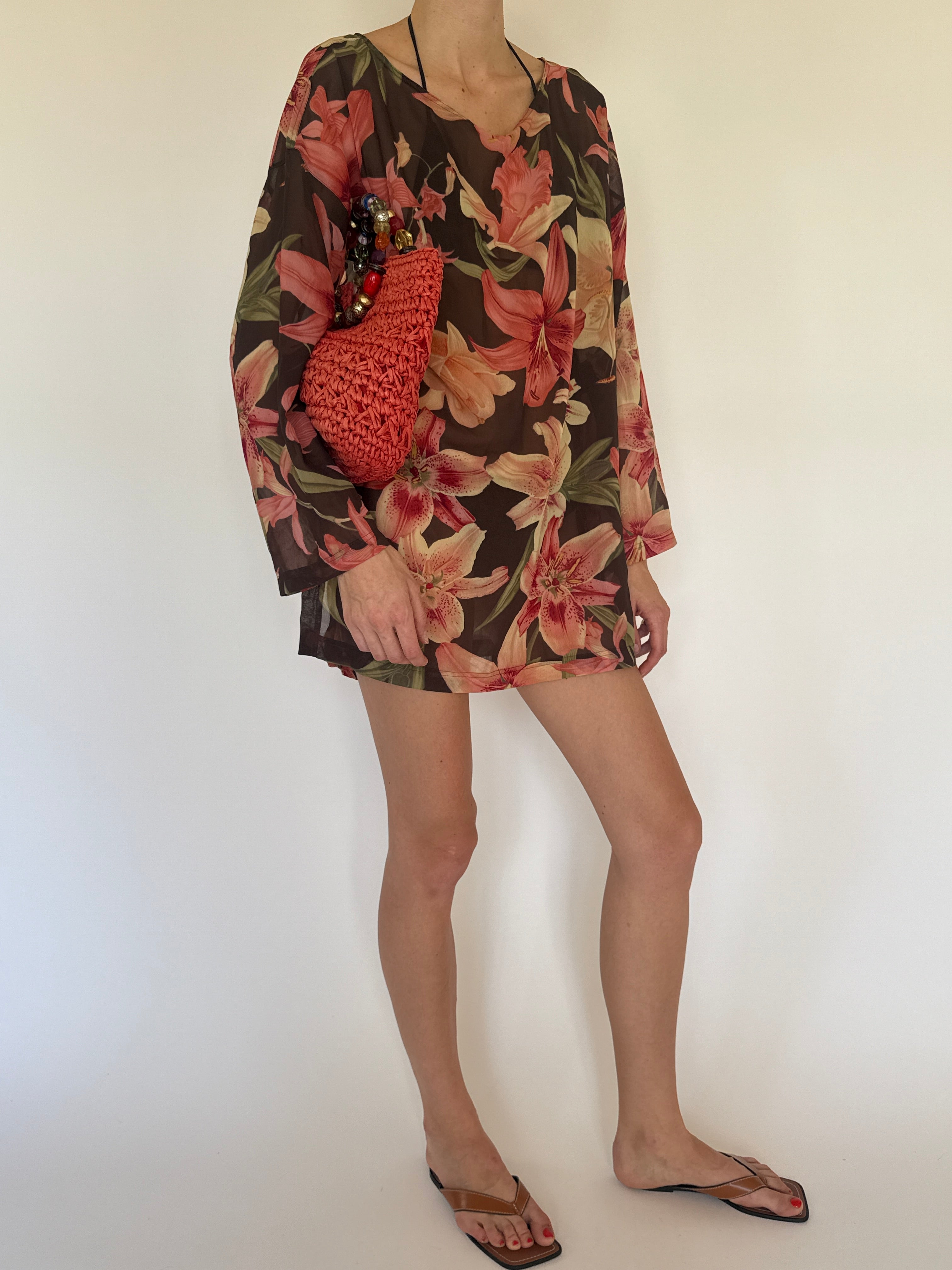 Vintage sheer black lily print mini dress side view