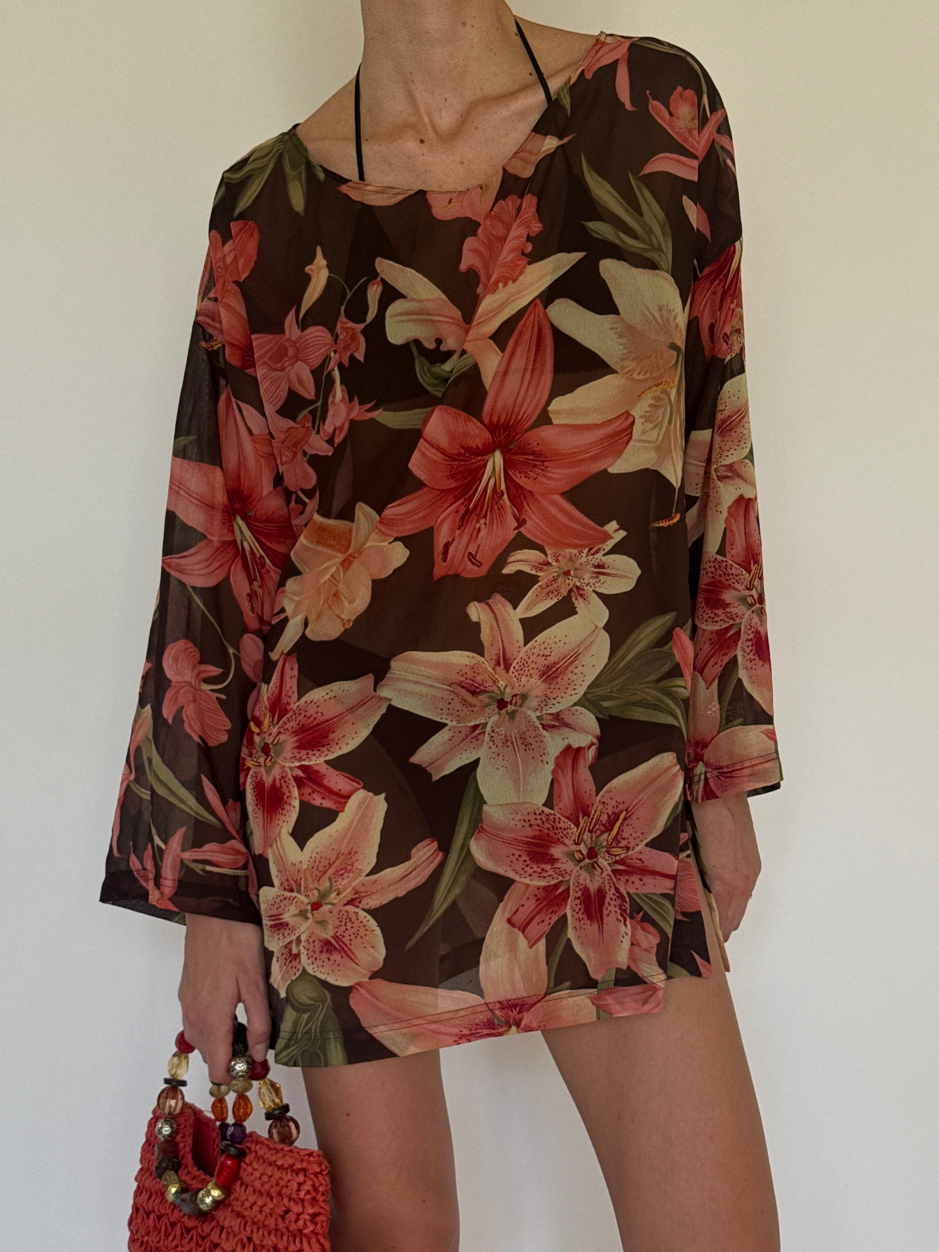 Vintage sheer black lily print mini dress neckline detail