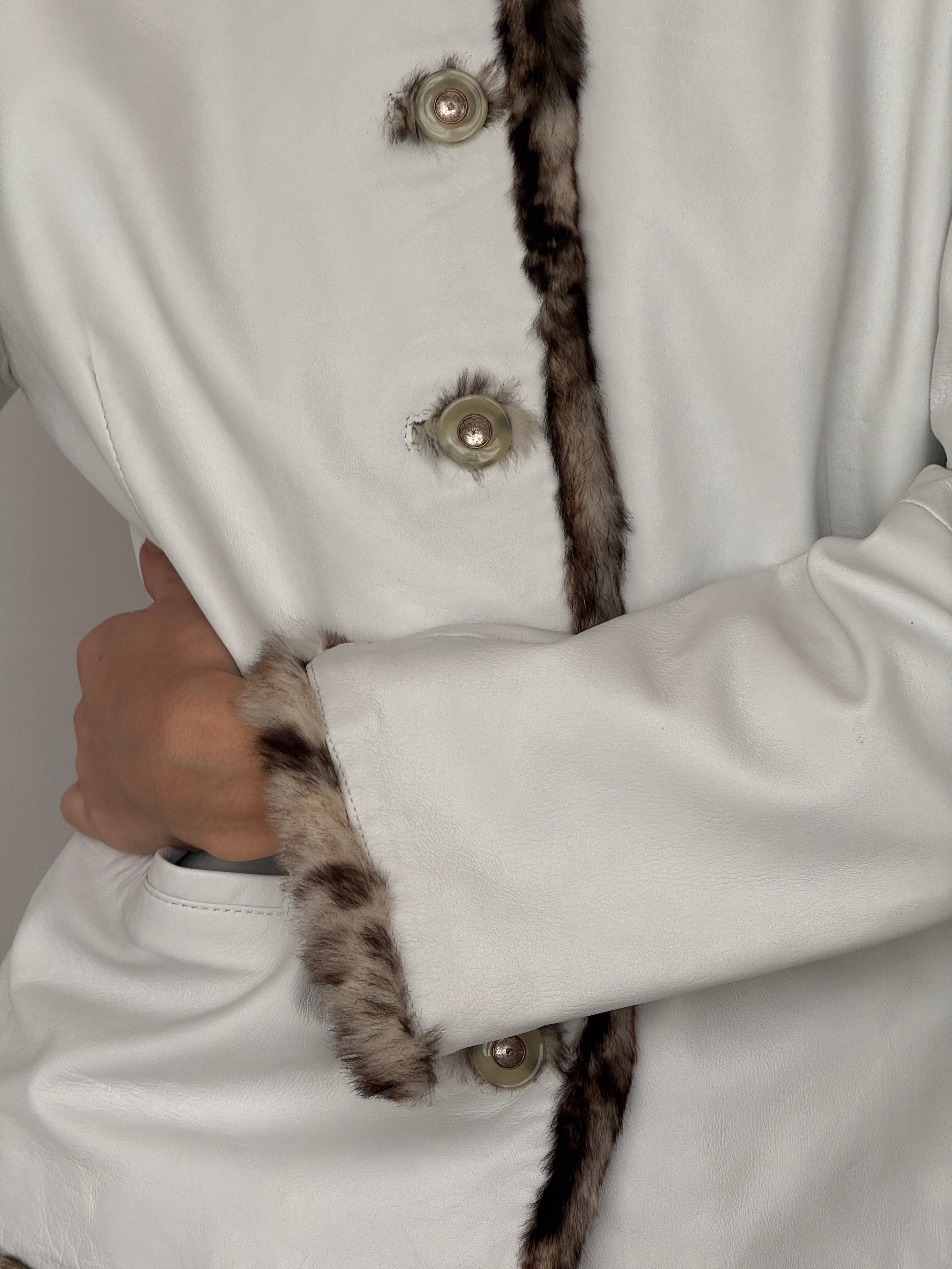 Vintage ivory leather jacket fur trim collar close-up