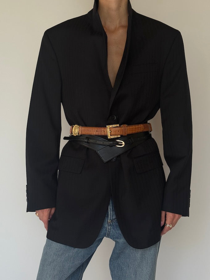 Vintage Gold Medallion & Croc-Embossed Leather Belt Brown