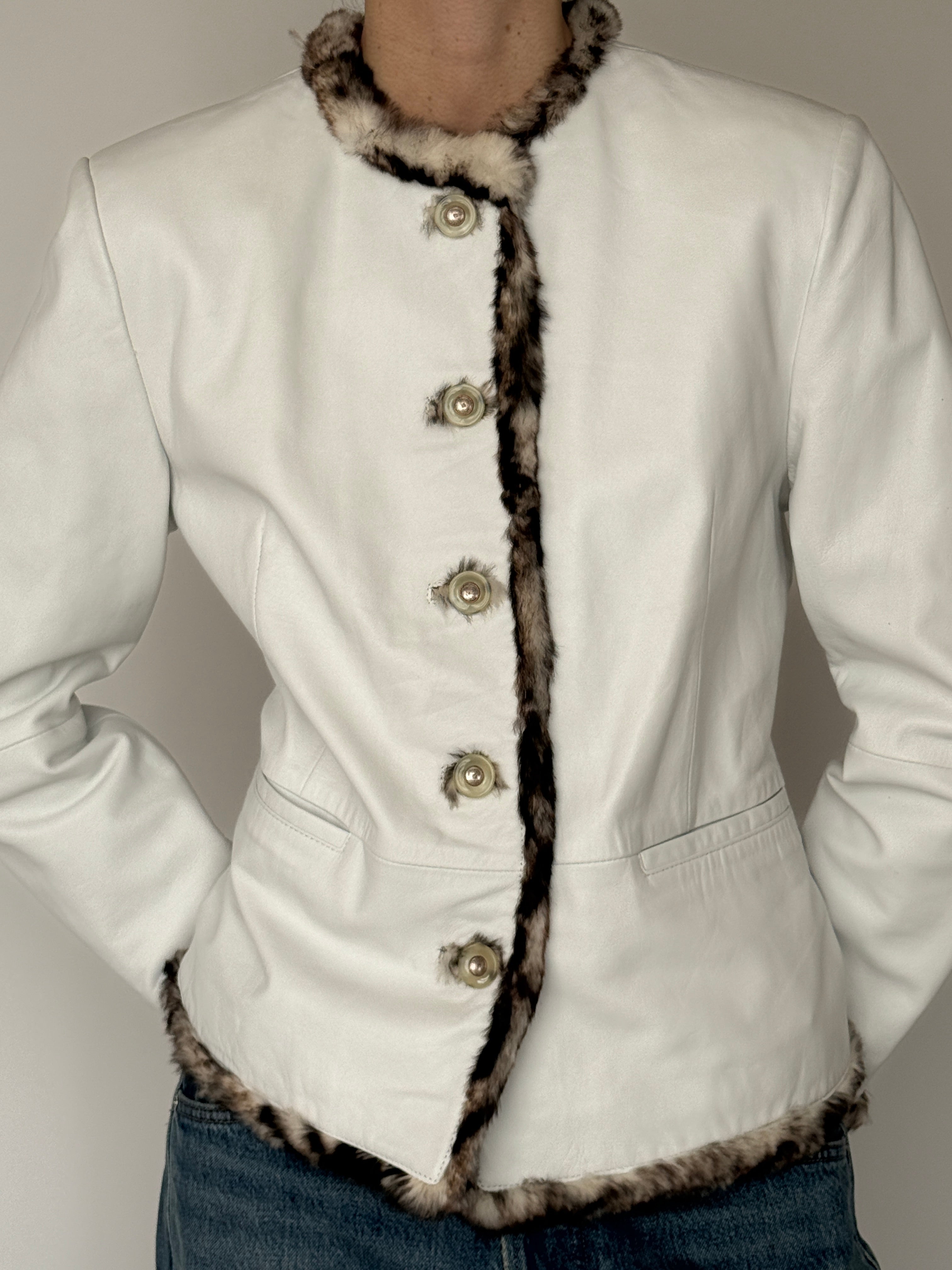 Vintage ivory leather jacket with real fur trim front view