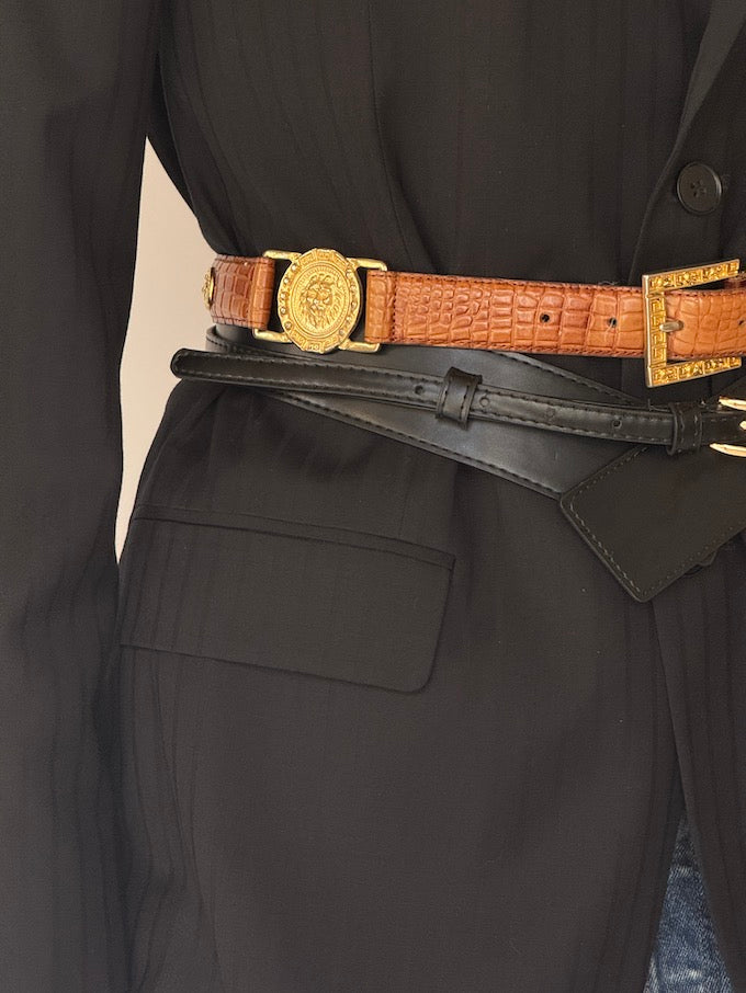Vintage Gold Medallion & Croc-Embossed Leather Belt Brown
