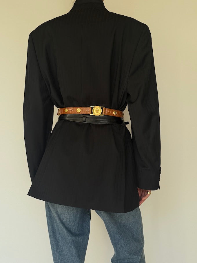 Vintage Gold Medallion & Croc-Embossed Leather Belt Brown
