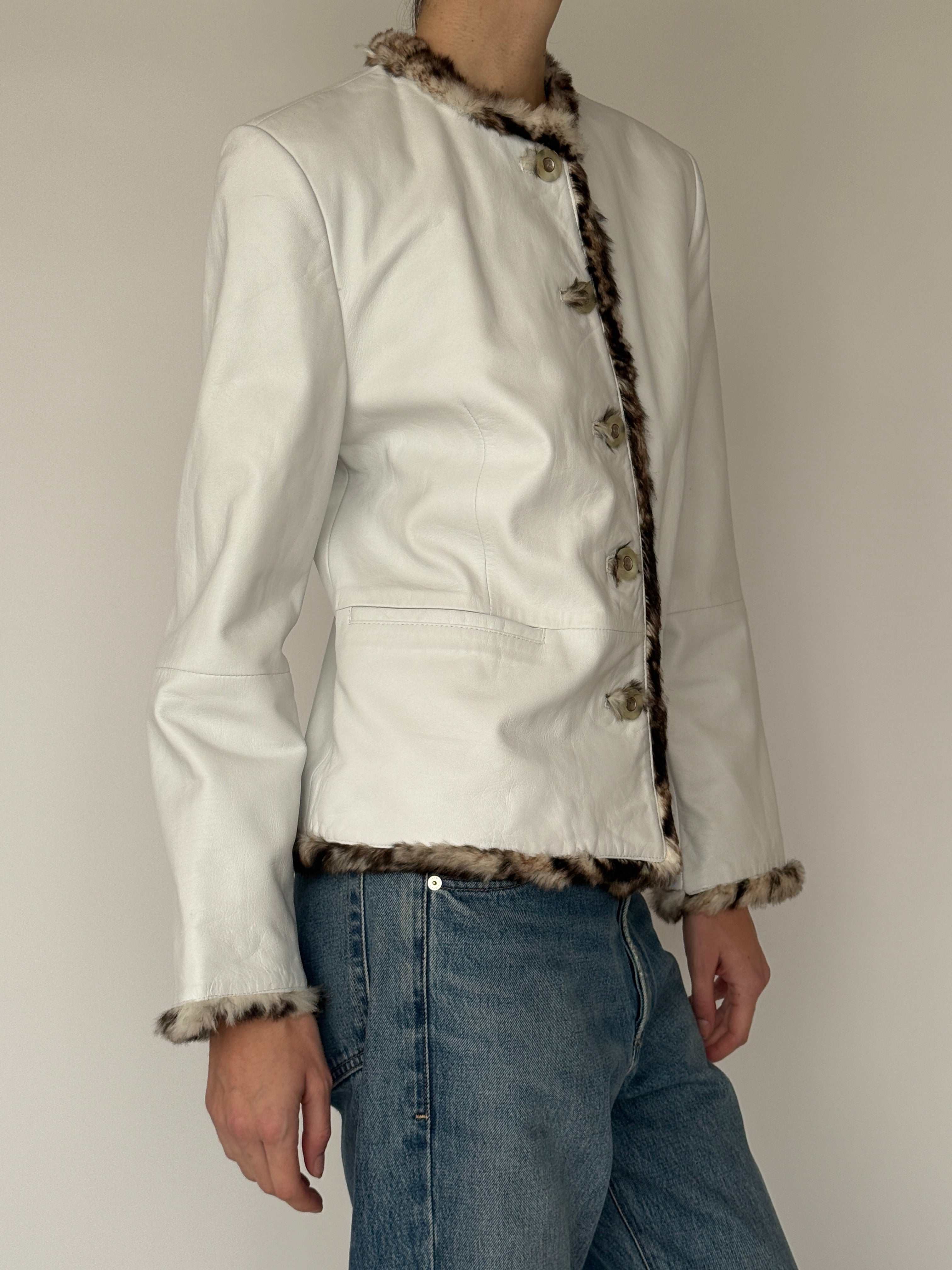 Vintage ivory leather jacket with fur trim side view