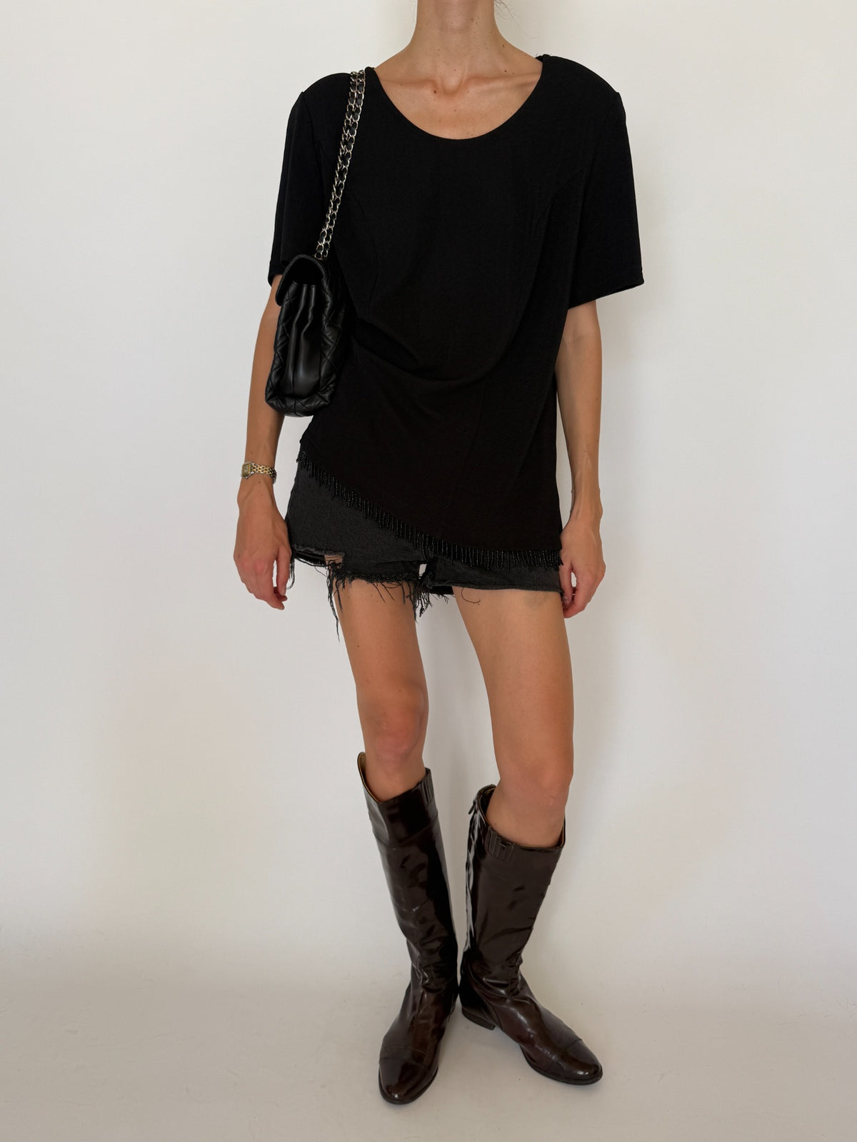 Front view vintage black beaded fringe top