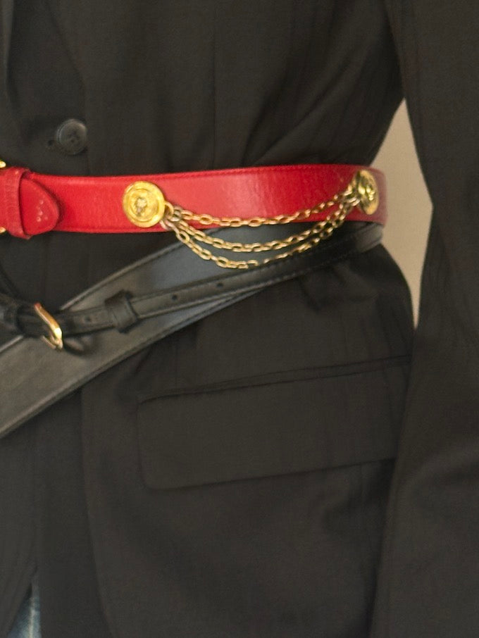 Vintage Red Chain Detail Belt with Gold Hardware