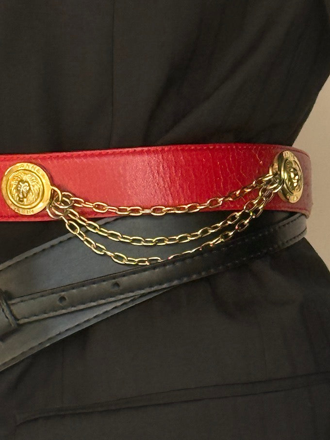 Vintage Red Chain Detail Belt with Gold Hardware