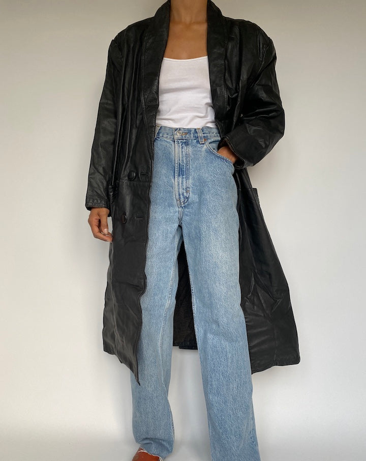 VINTAGE LONG BLACK LEATHER COAT 2892
