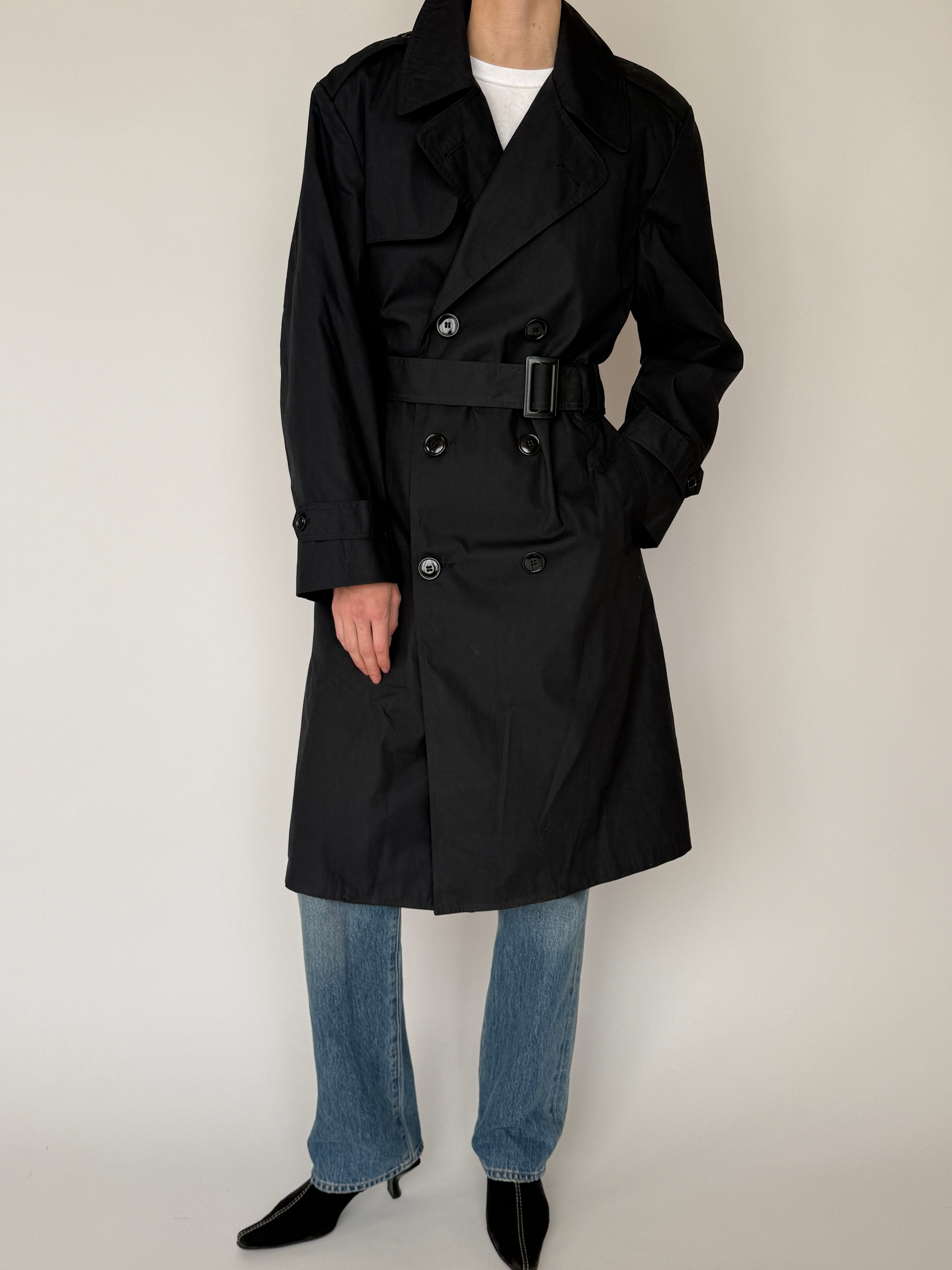 Vintage black belted trench coat front view