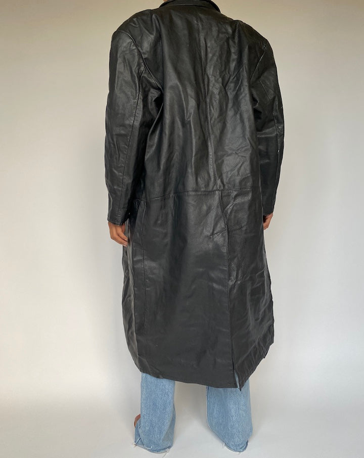 VINTAGE LONG BLACK LEATHER COAT 2892