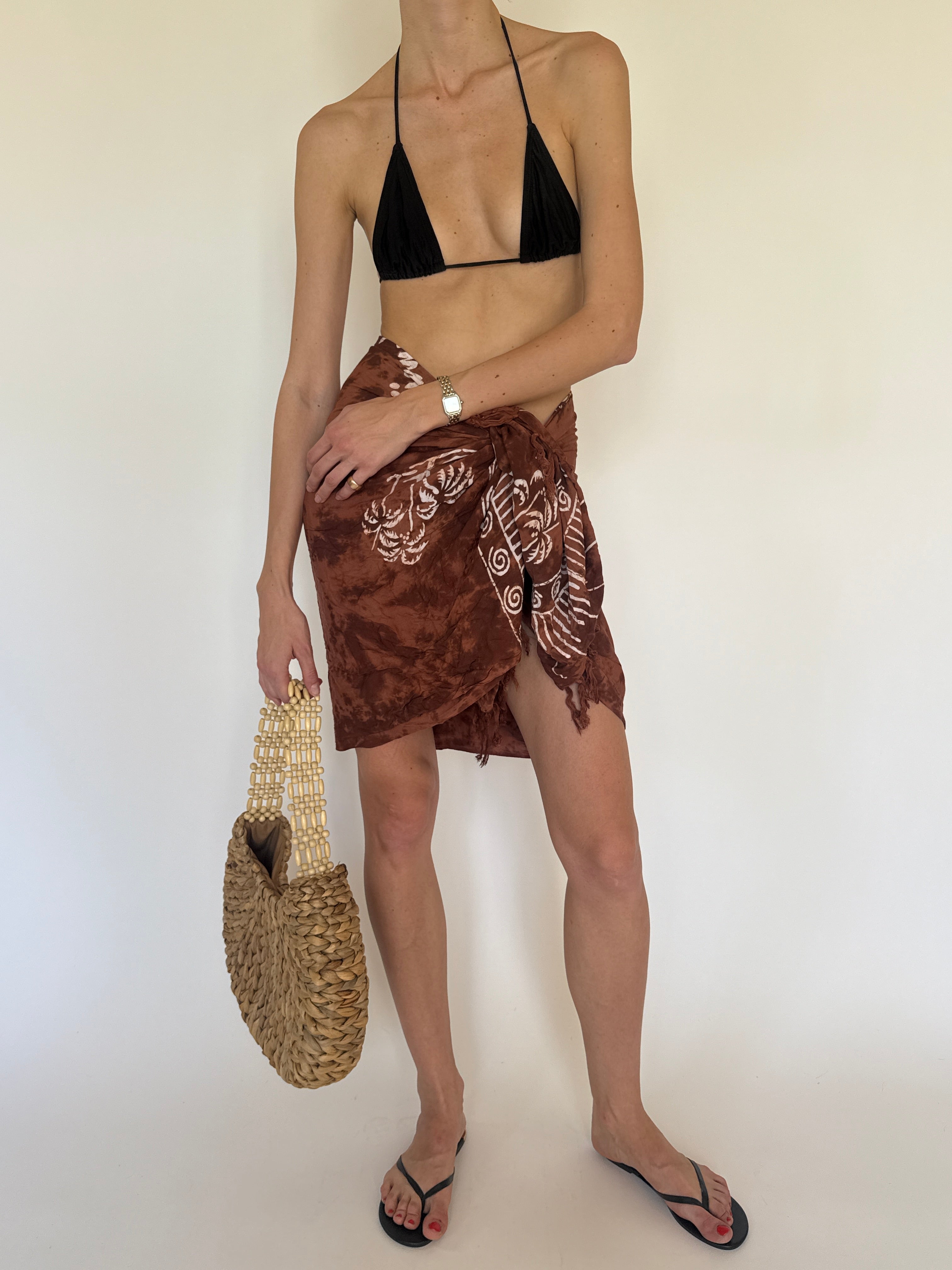 Vintage brown tropical print sarong wrap skirt front view
