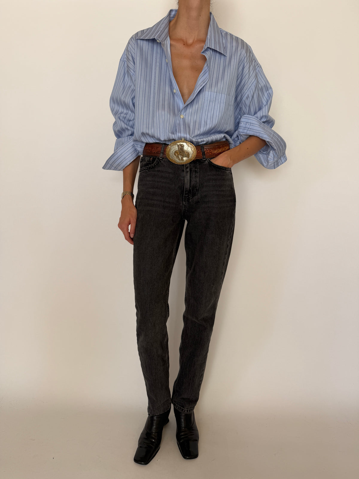 Vintage Oversized Striped Button-Up Shirt Blue 7921