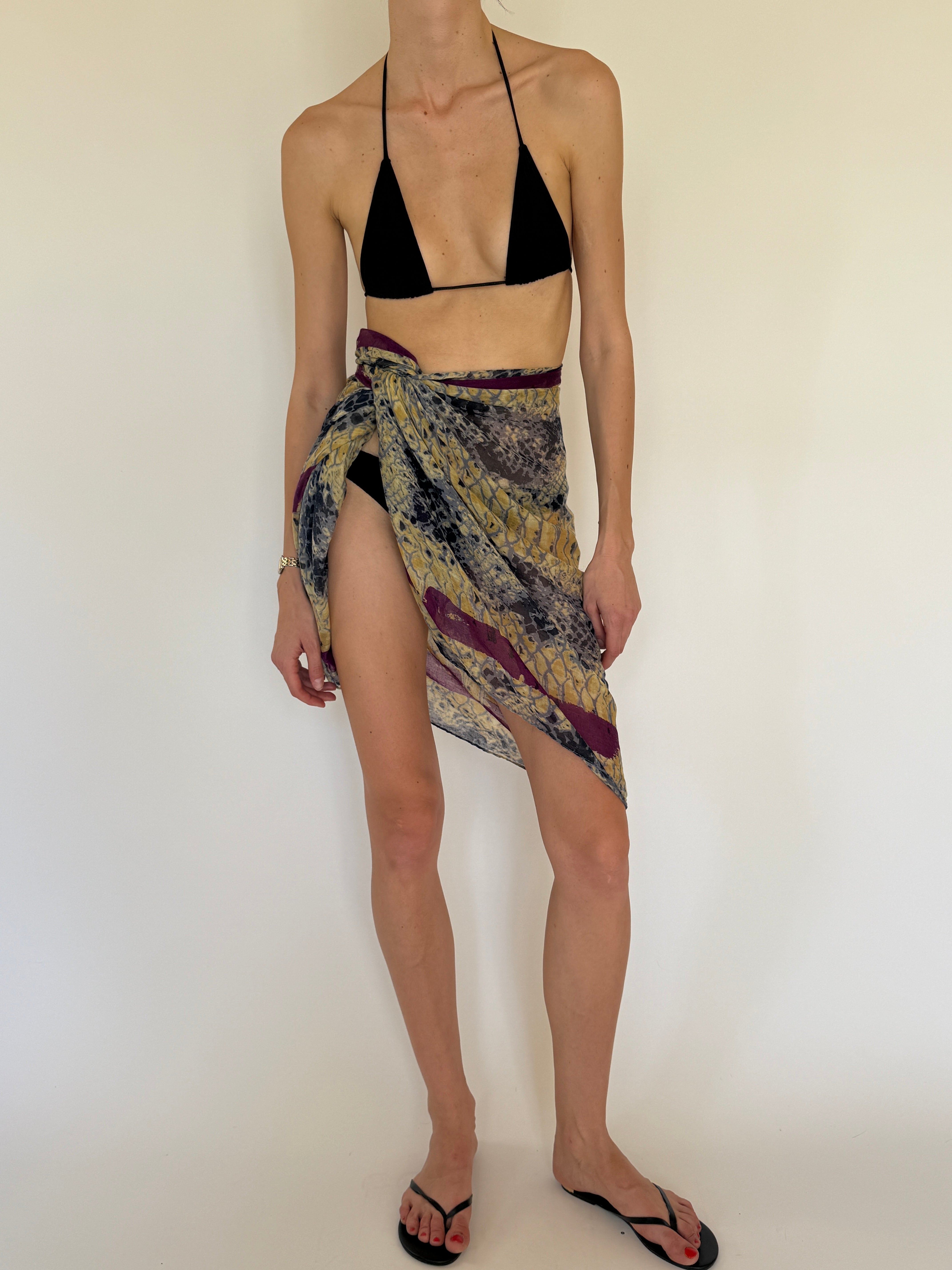 Vintage printed sarong wrap skirt mustard purple tie detail