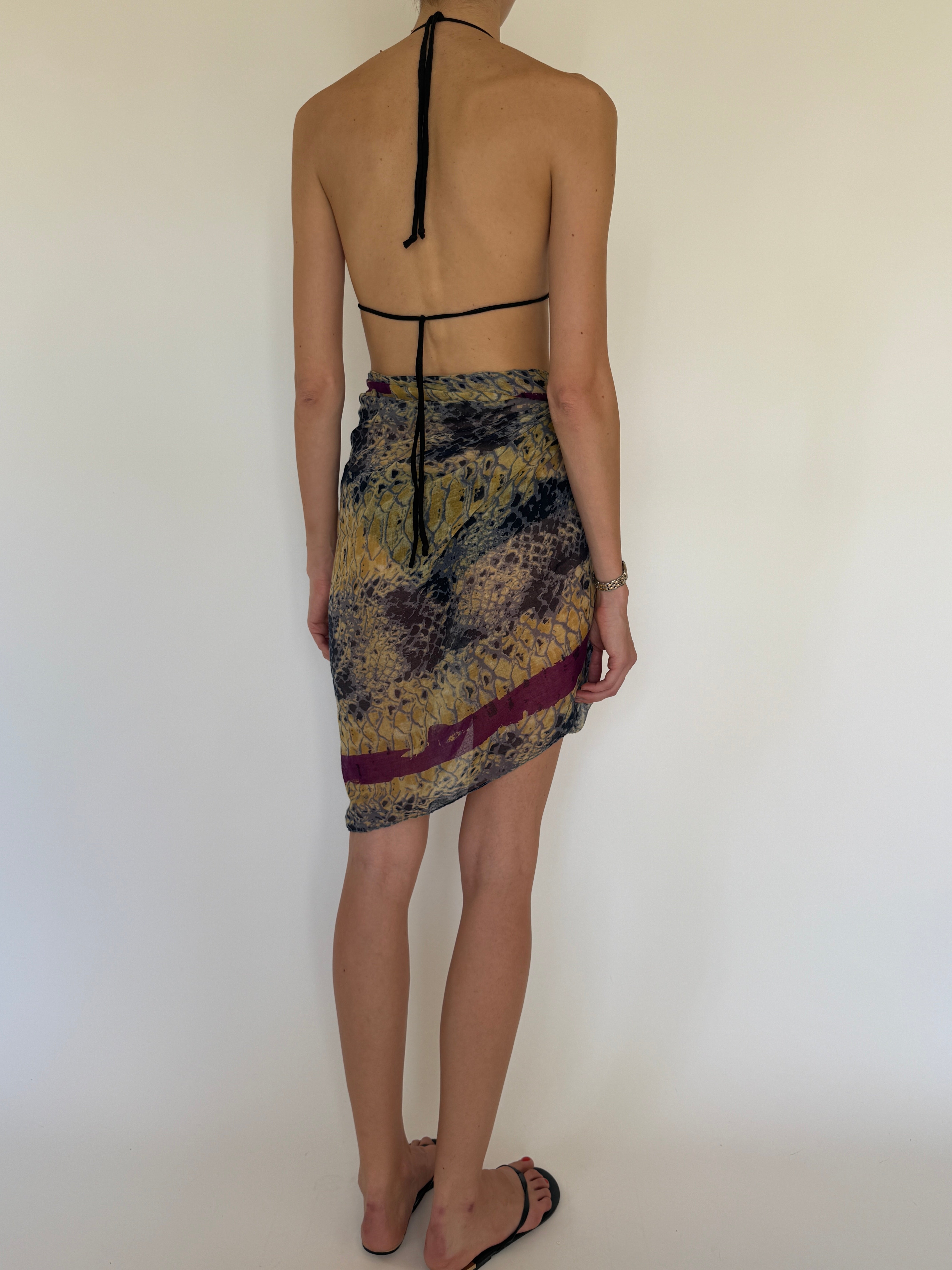 Vintage printed sarong wrap skirt mustard purple back view