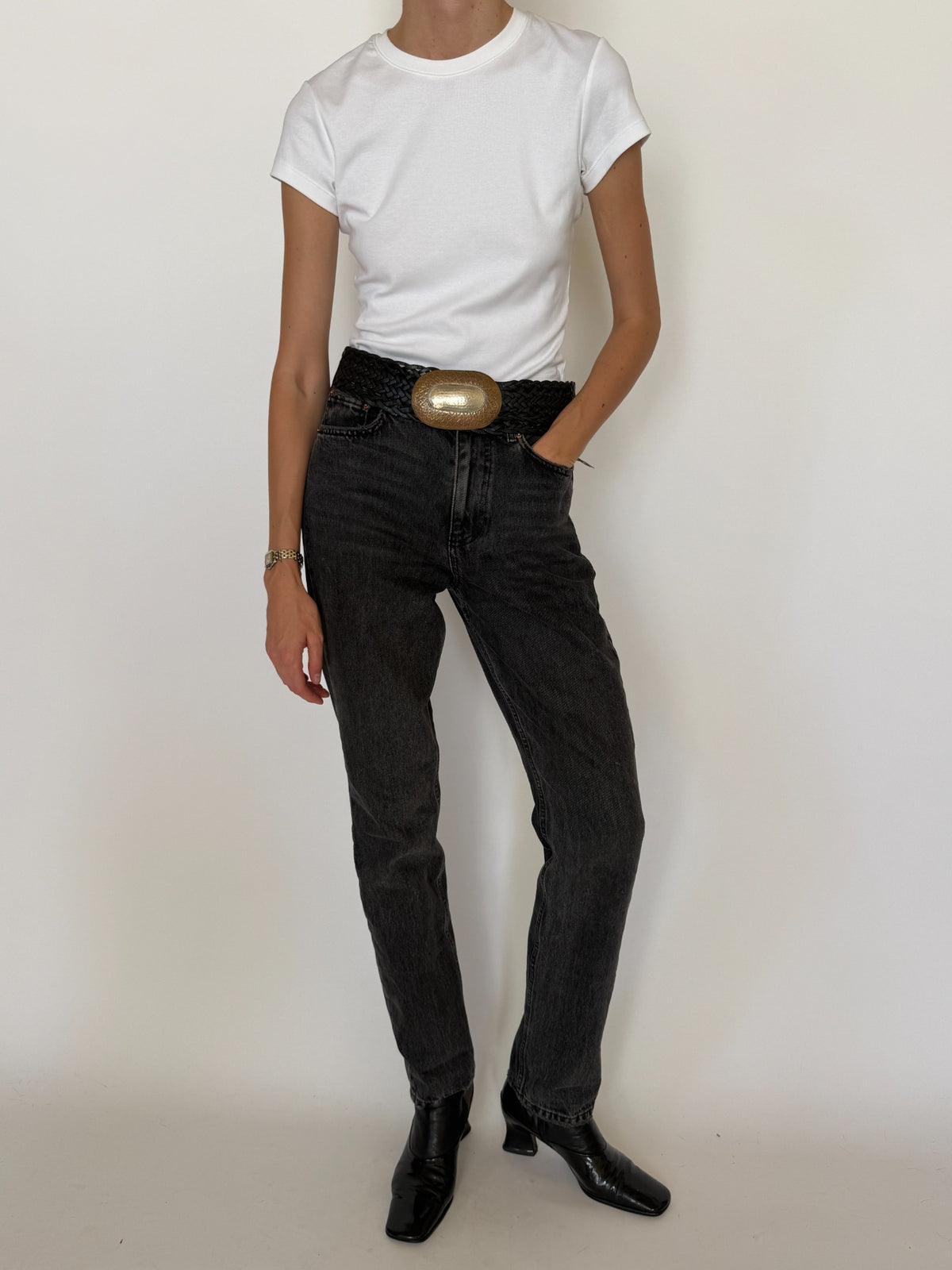 Vintage black braided belt front styled view