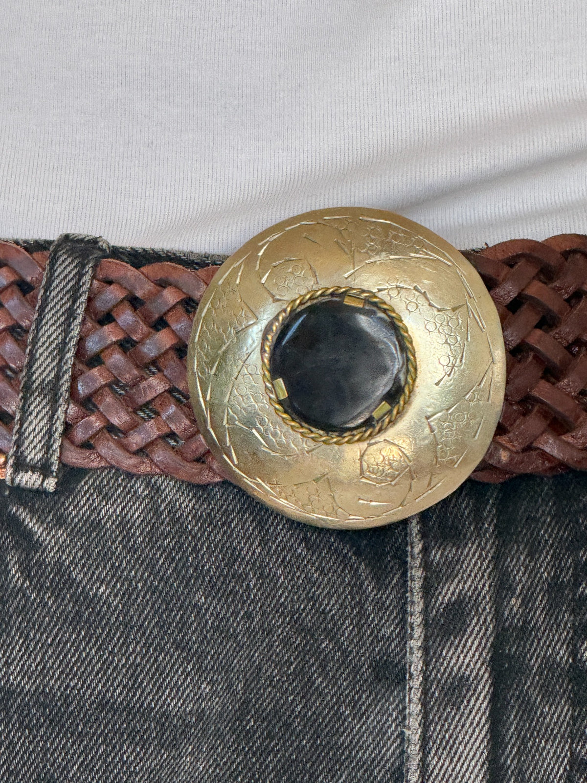 Vintage brown braided leather belt buckle detail