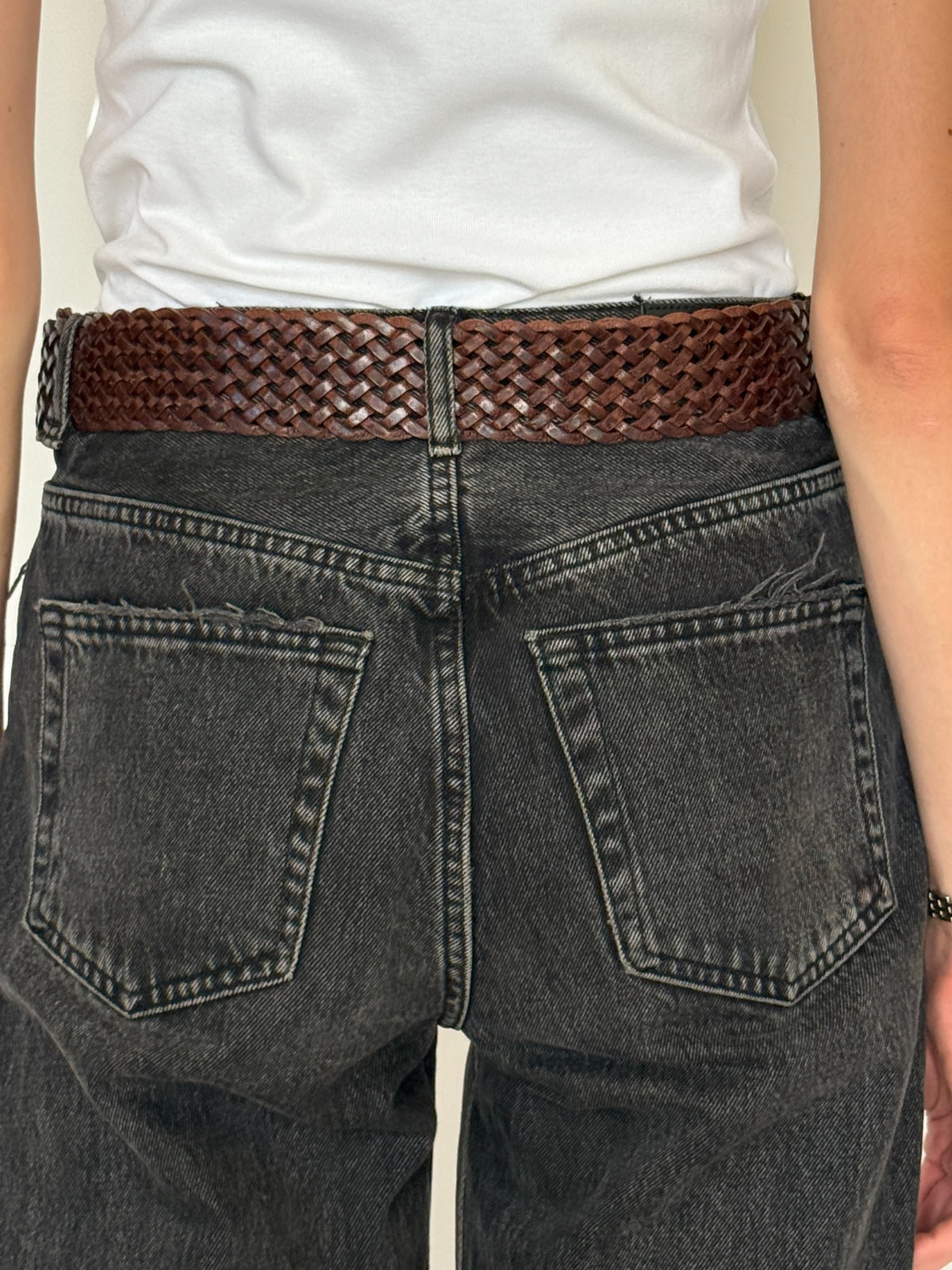 Vintage brown braided leather belt back view