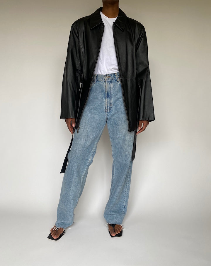 VINTAGE BLACK LEATHER TRENCH JACKET 3827