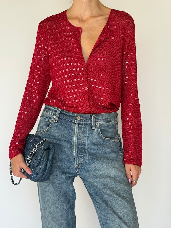 Vintage Red Sequin Knit Cardigan 6360