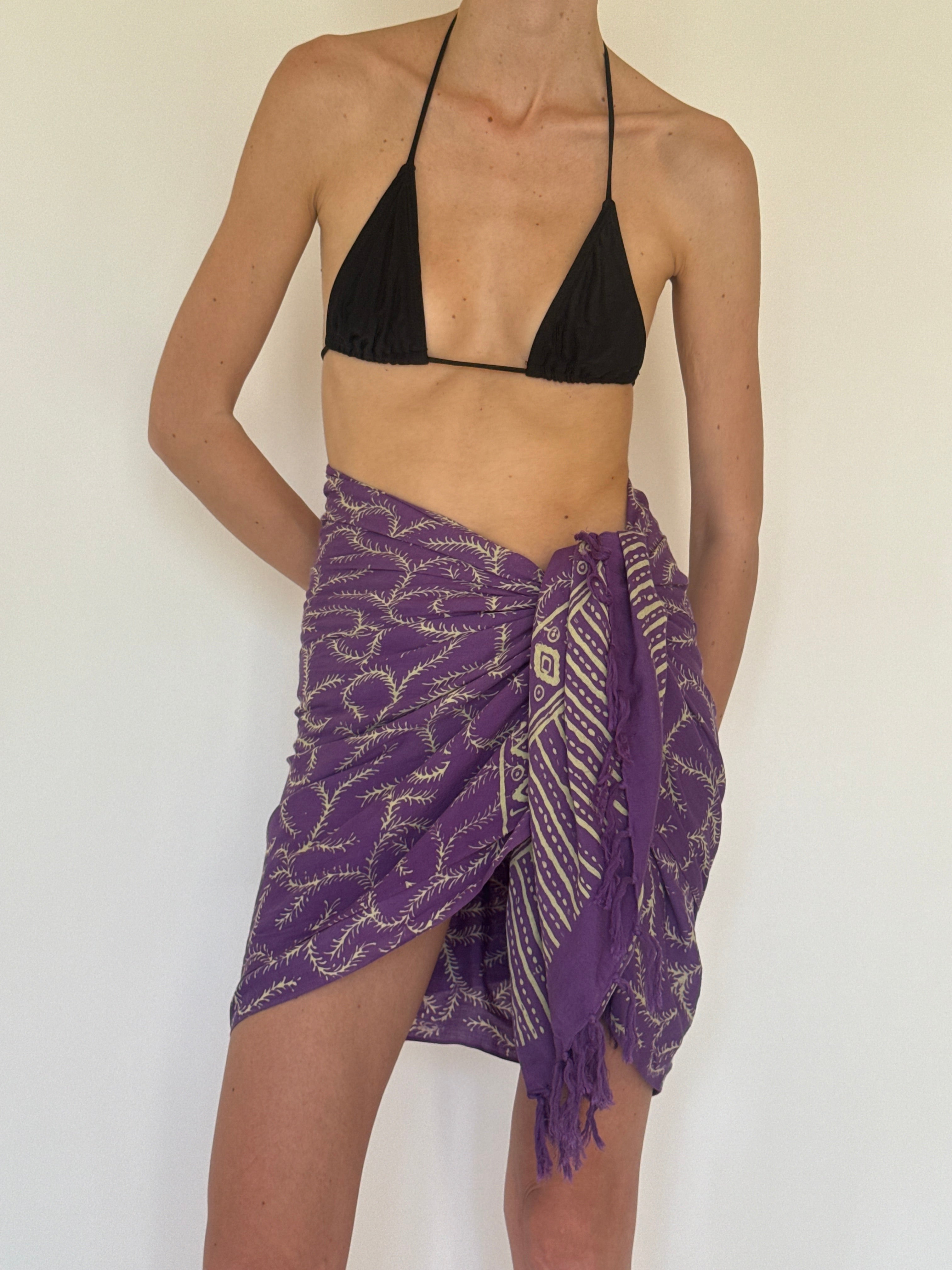 Vintage purple printed sarong tassel fringe detail