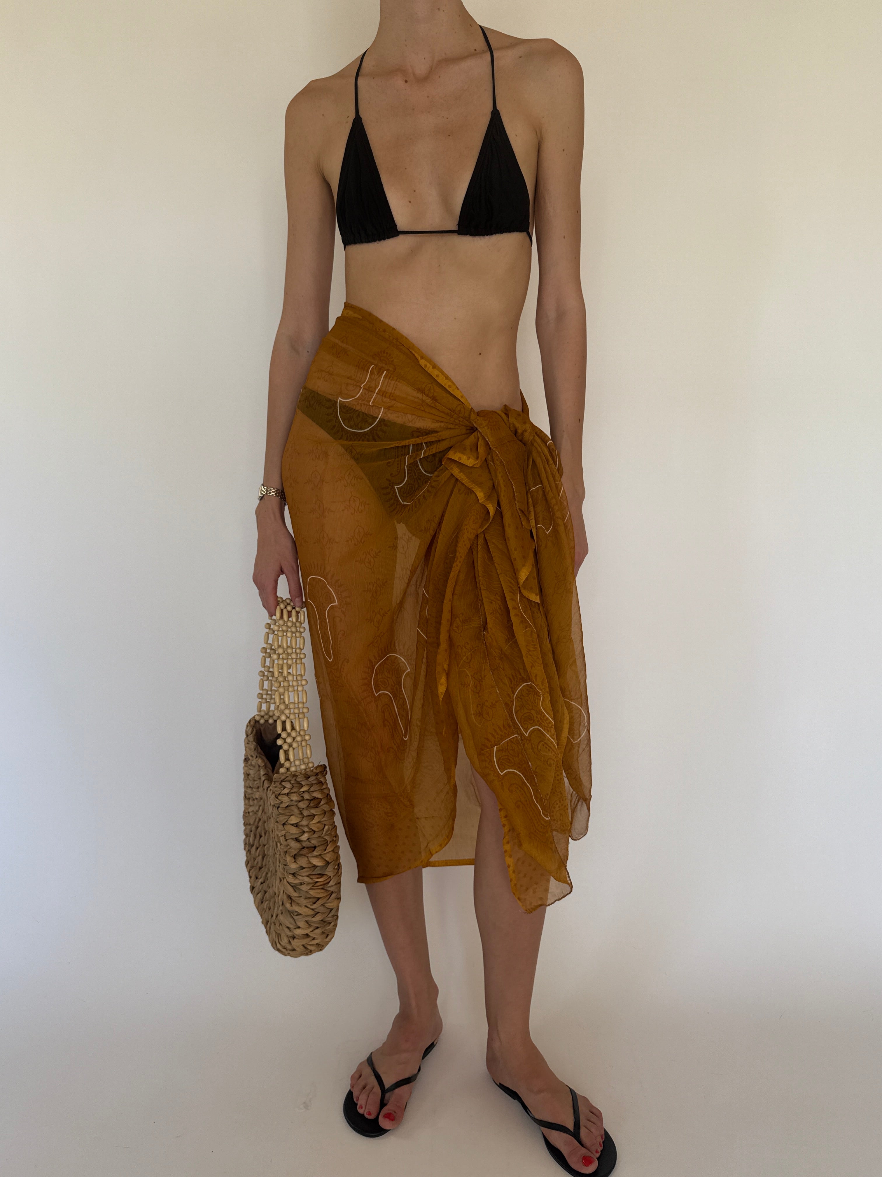 Vintage mustard sheer sarong side view lightweight fabric