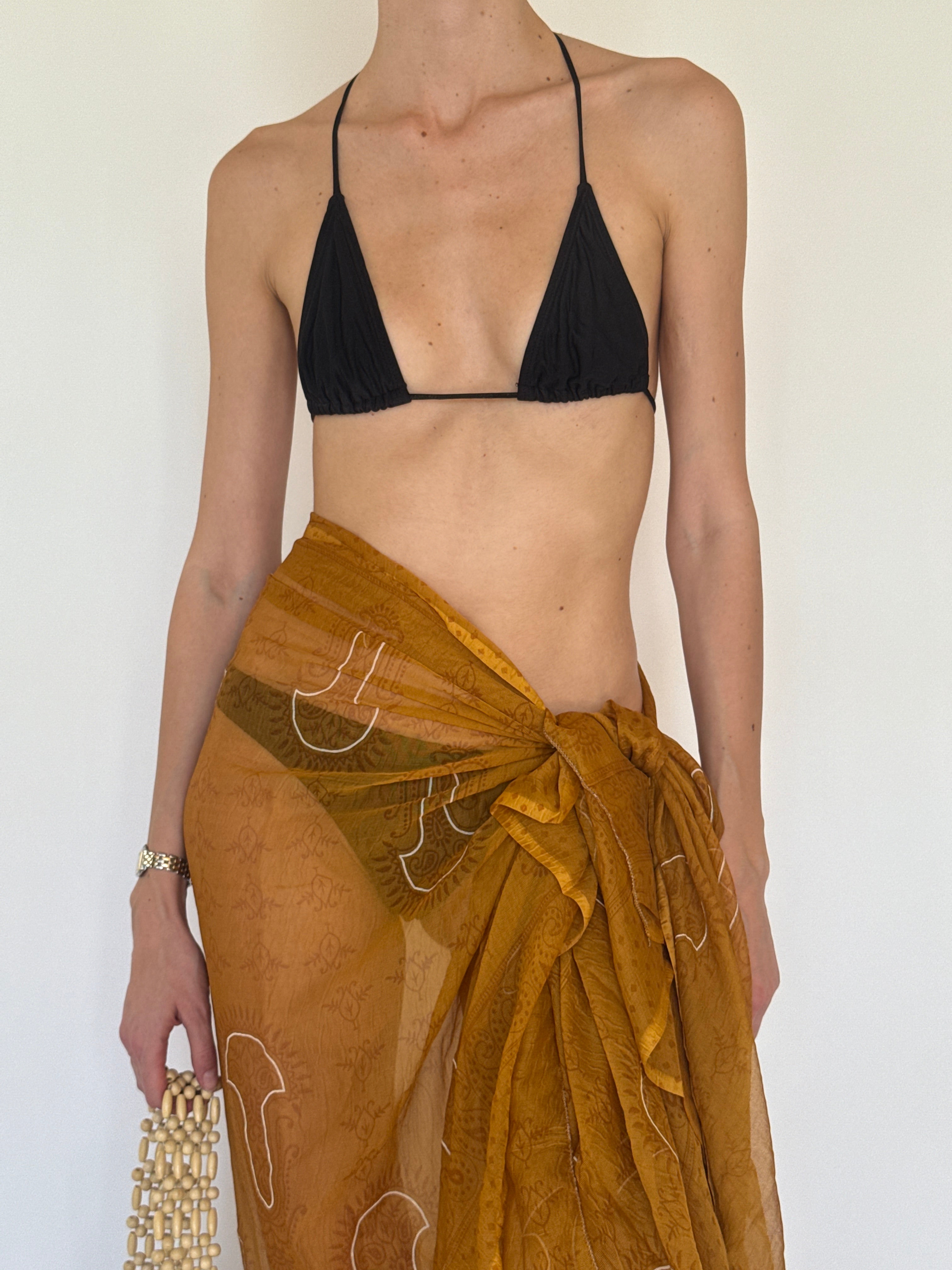 Vintage mustard sheer sarong fabric close-up motif detail