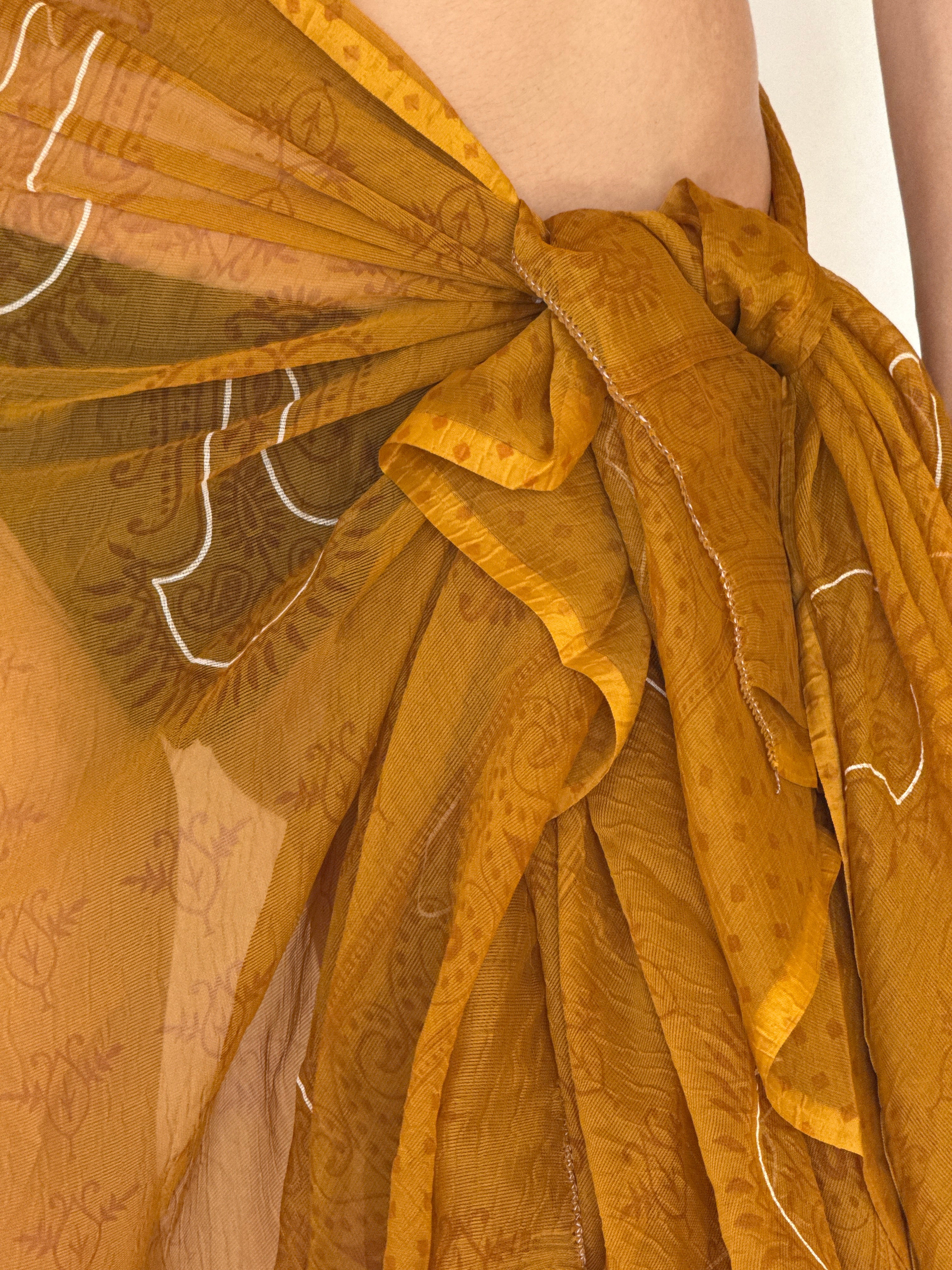 Vintage mustard sheer sarong draped wrap detail