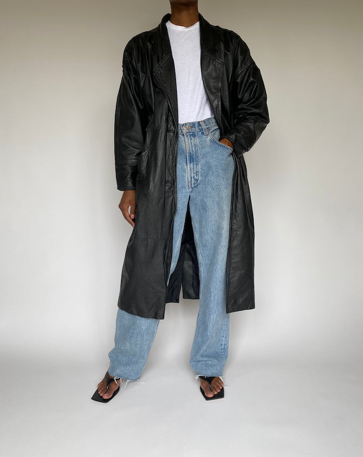 VINTAGE BLACK LONG LEATHER JACKET 3828