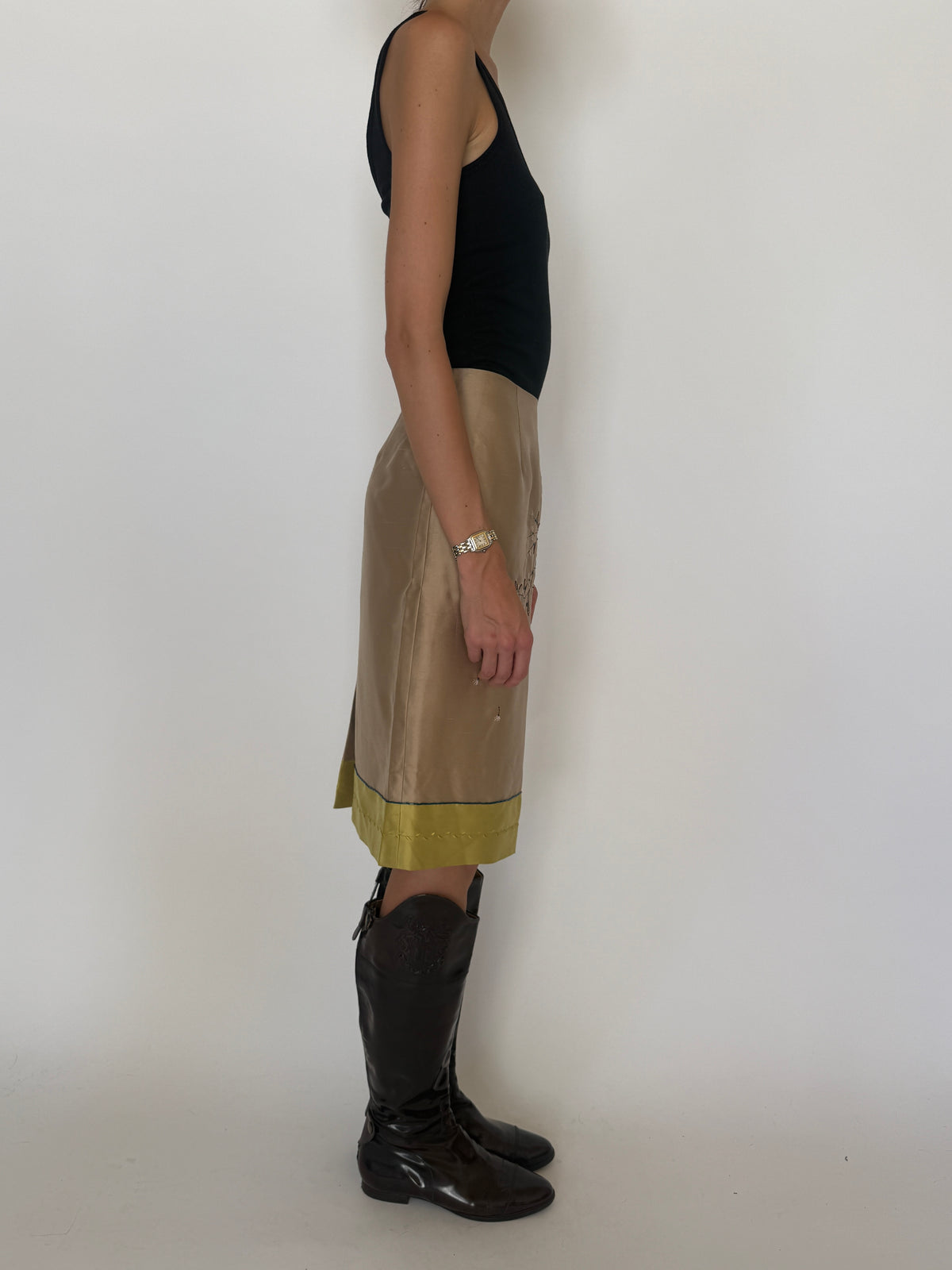 Vintage 100% Silk Embroidered Floral Pencil Skirt Beige & Chartreuse 8360