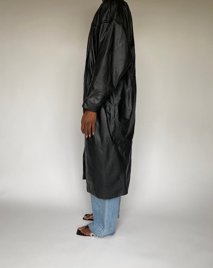 VINTAGE BLACK LONG LEATHER JACKET 3828