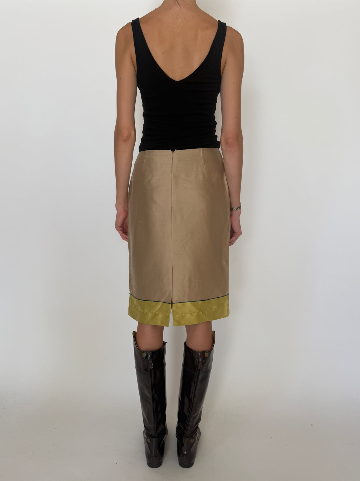 Vintage 100% Silk Embroidered Floral Pencil Skirt Beige & Chartreuse 8360