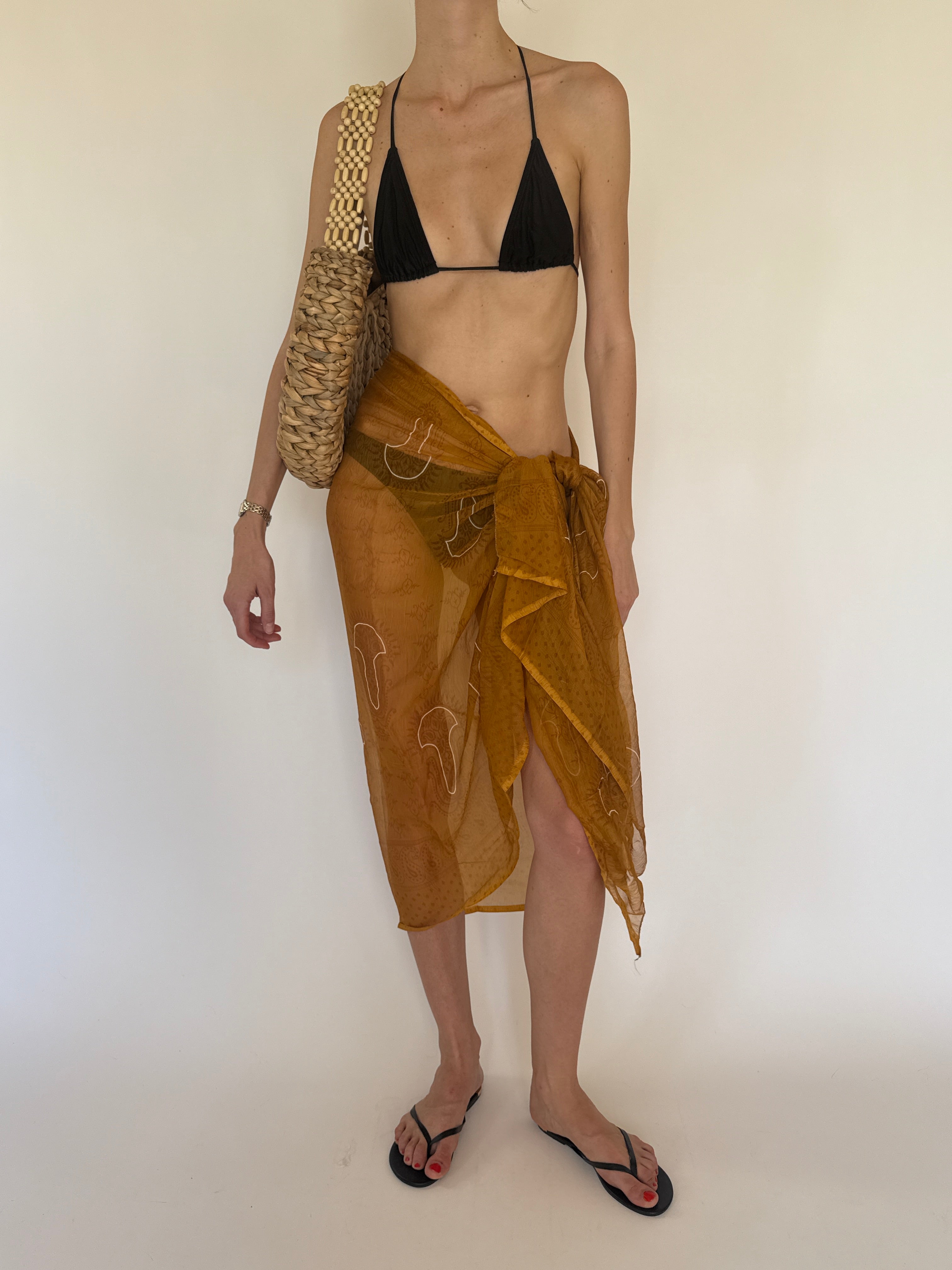 Vintage mustard sheer sarong wrap skirt front view with waist tie