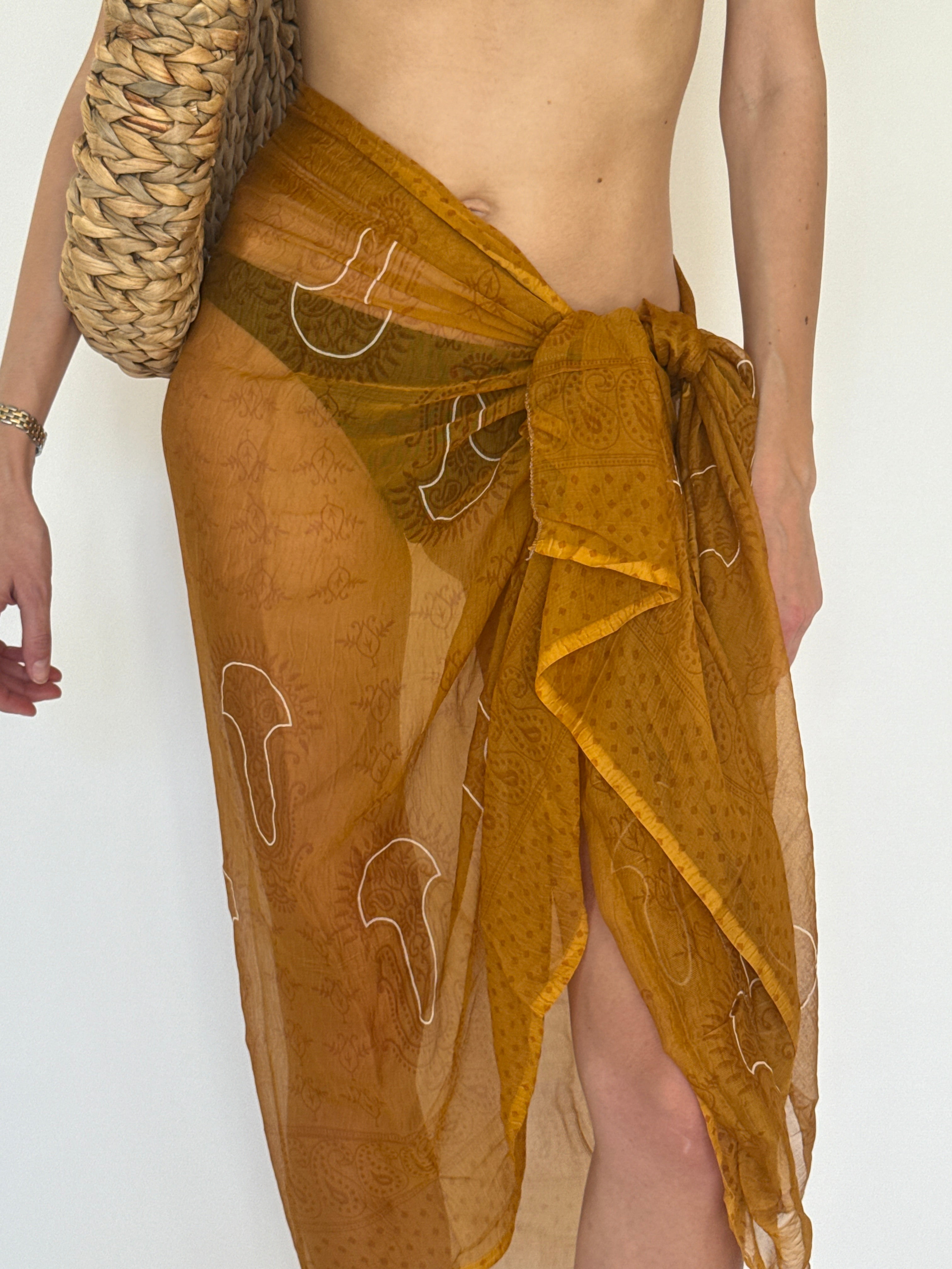 Vintage mustard sheer sarong wrap skirt front view with waist tie