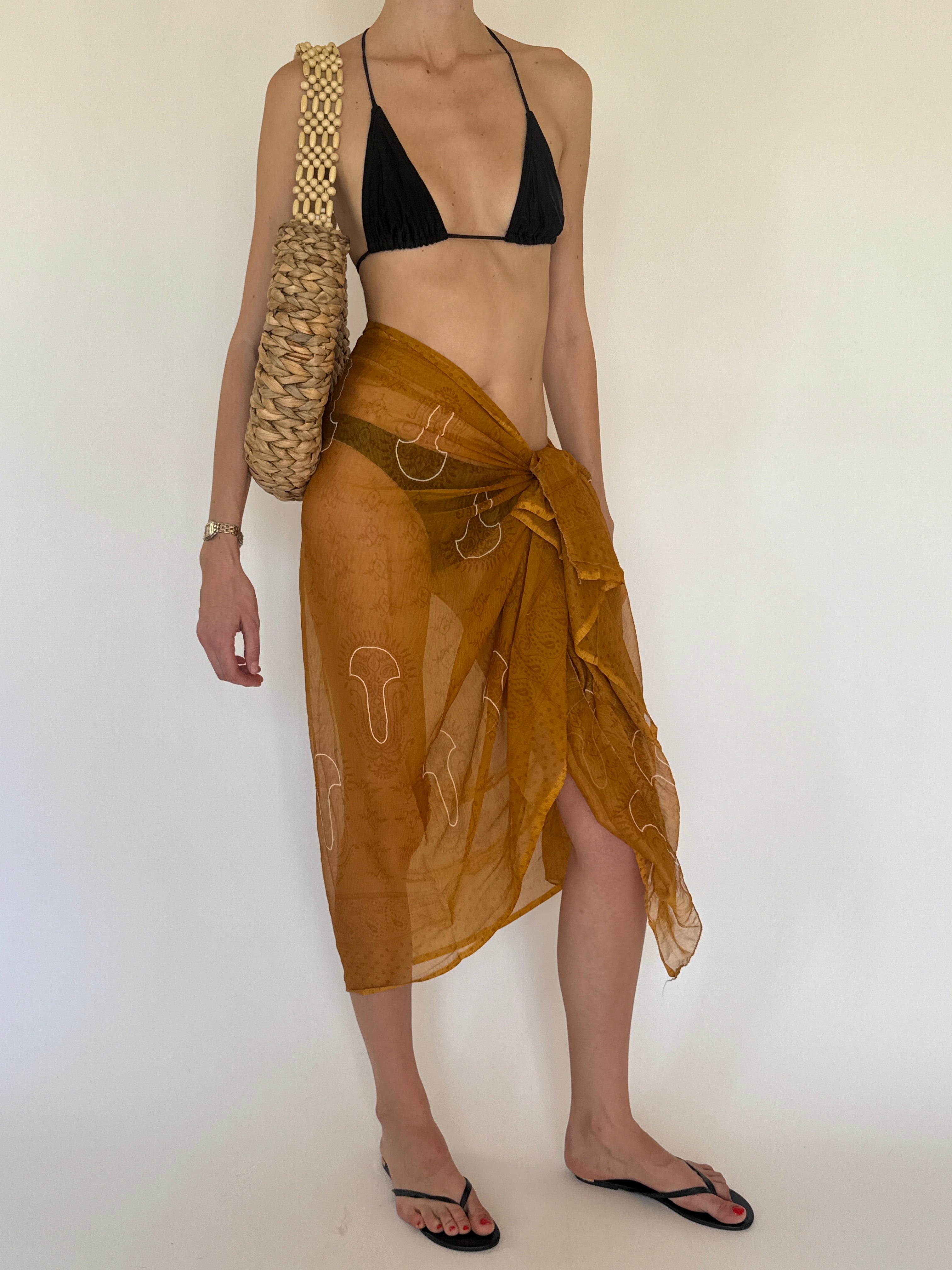 Vintage mustard sheer sarong draped wrap detail