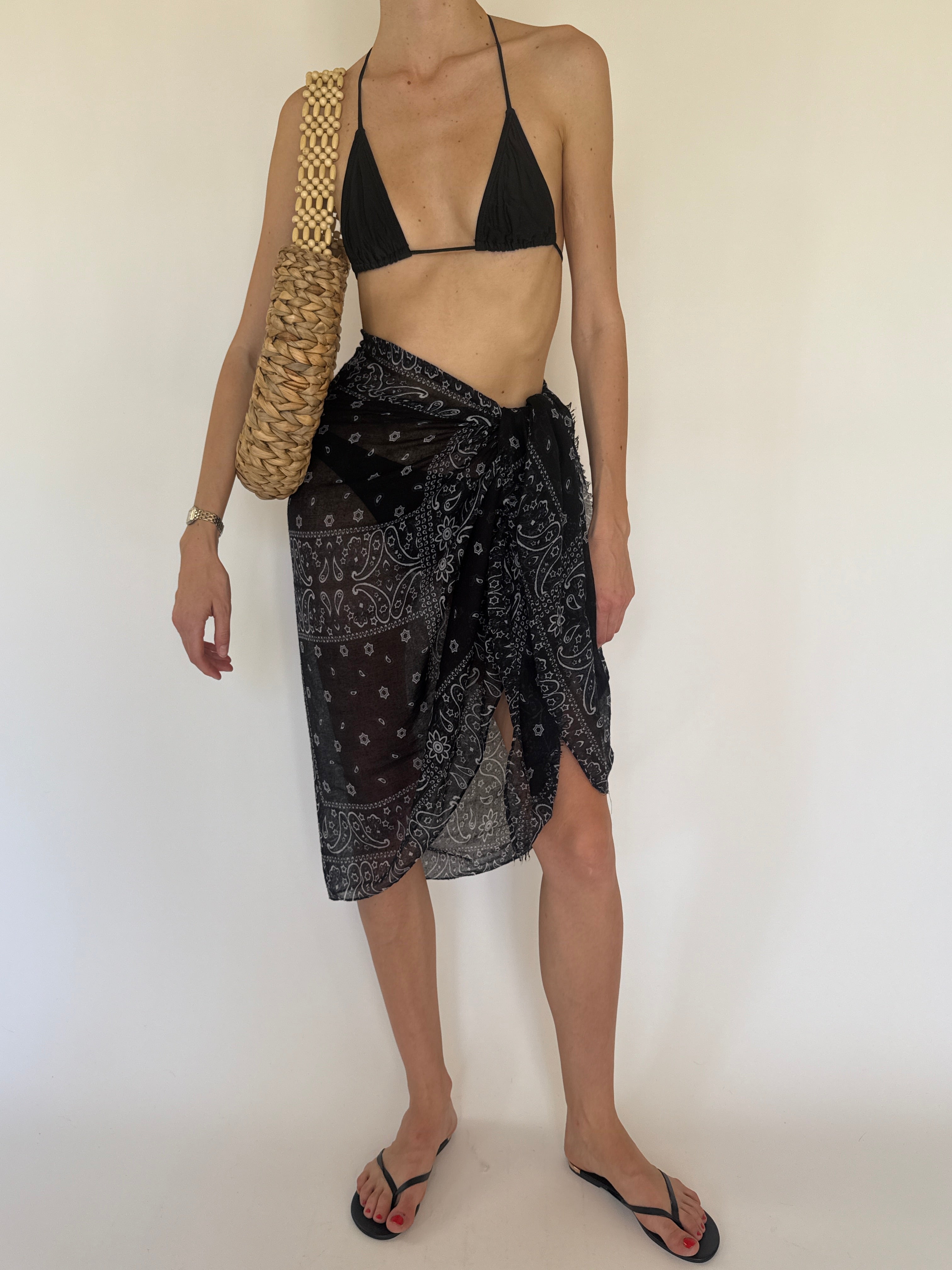 Vintage black sheer paisley sarong front wrap view