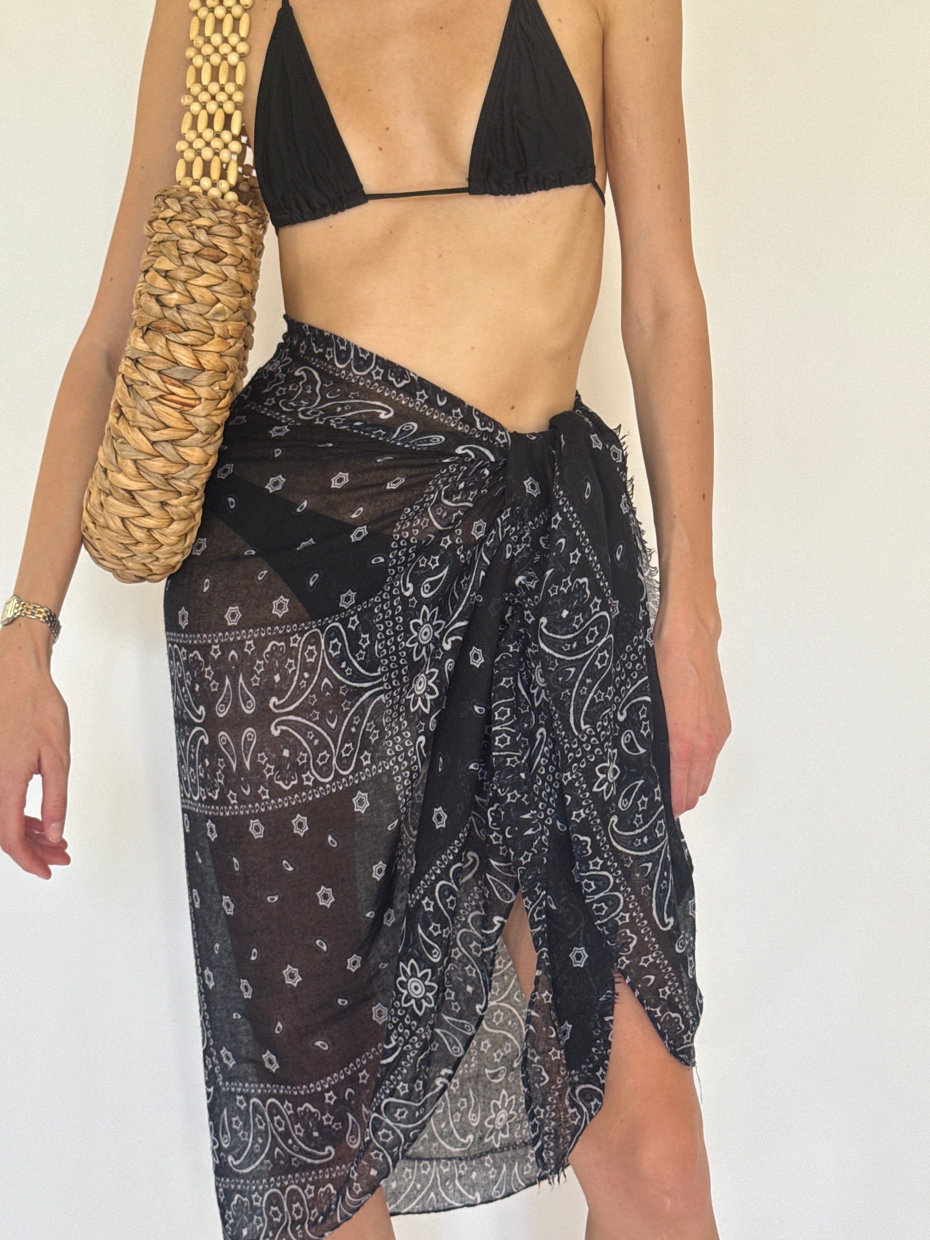 Vintage black sheer paisley sarong hem detail