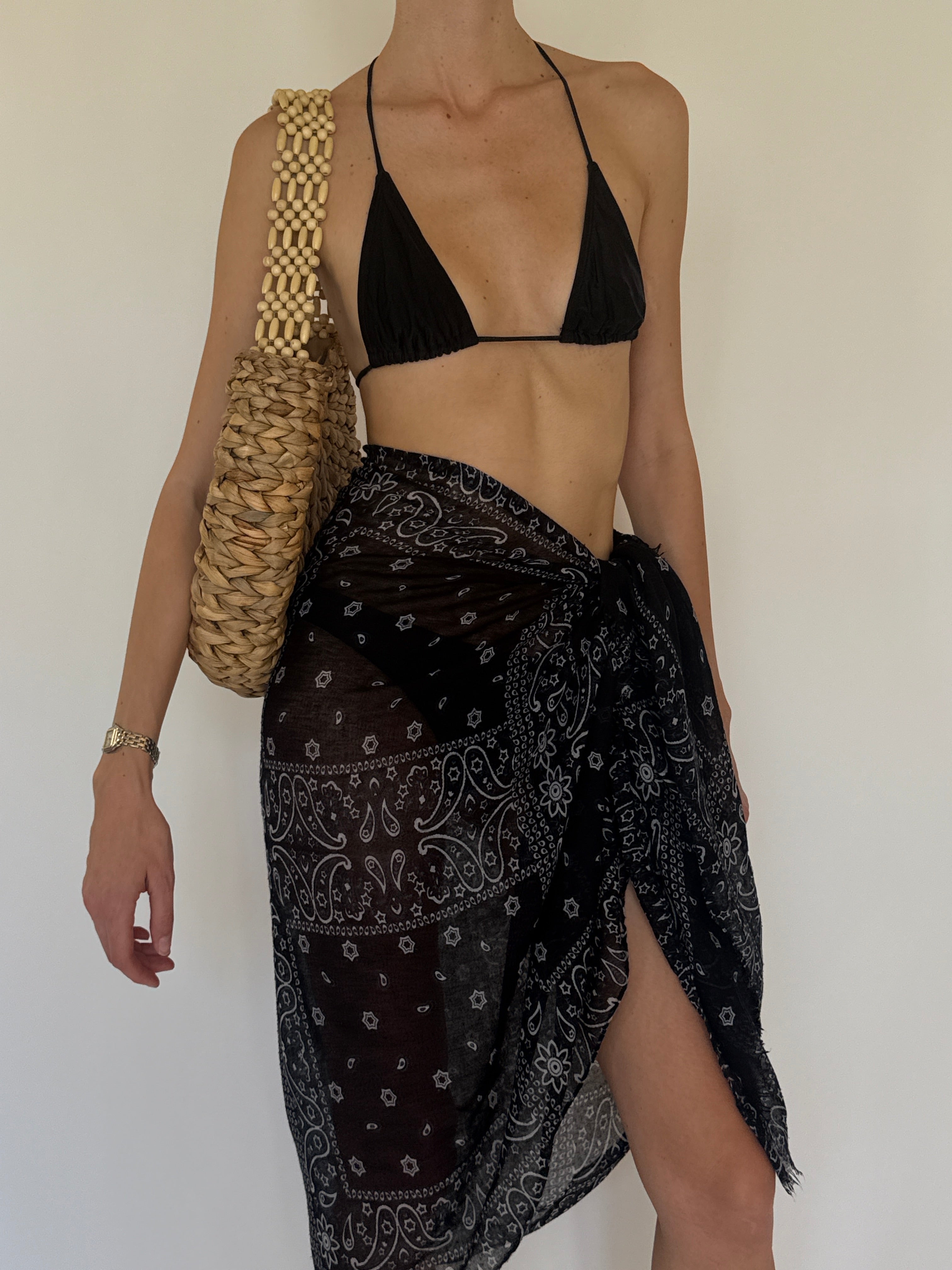 Vintage black sheer paisley sarong side view